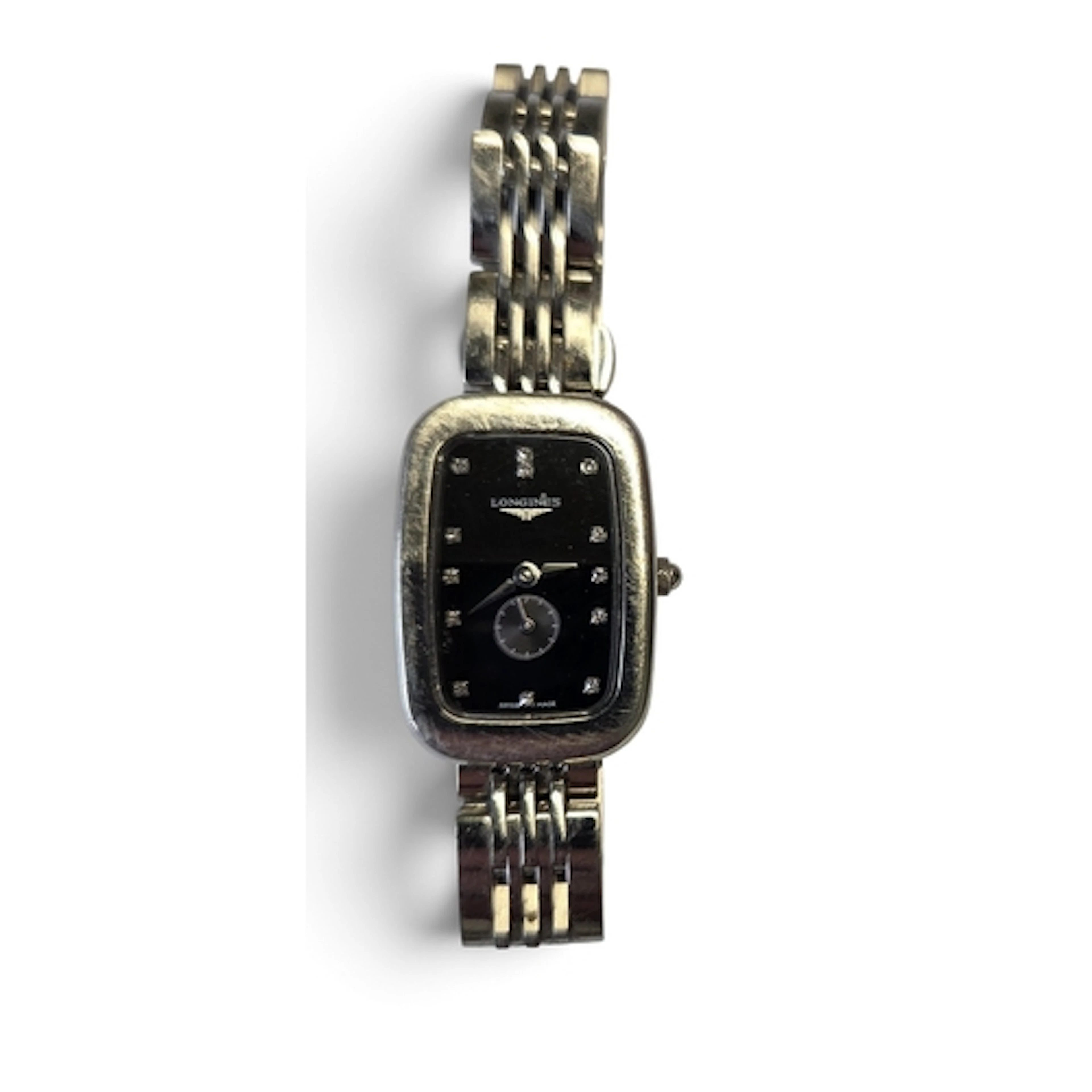 A ladies Diamond faced Longines bracelet Watch.