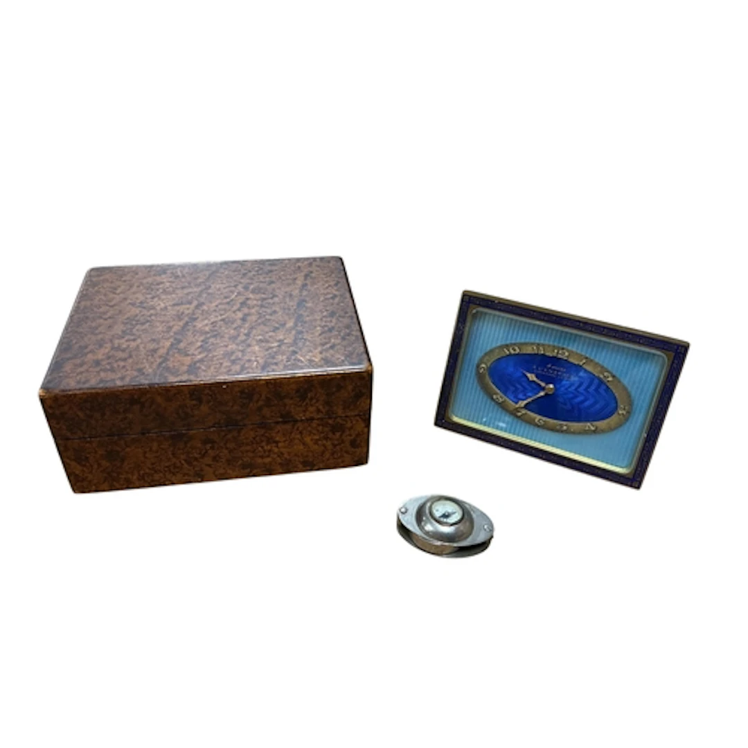 A French Art Deco guilloche enamel timepiece, a miniature co...