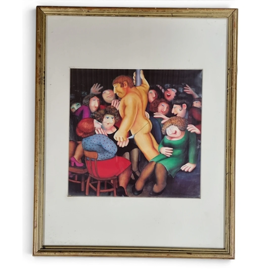 Beryl Cooke. A coloured Print of a saucy scene. 54 x 44 cm a...