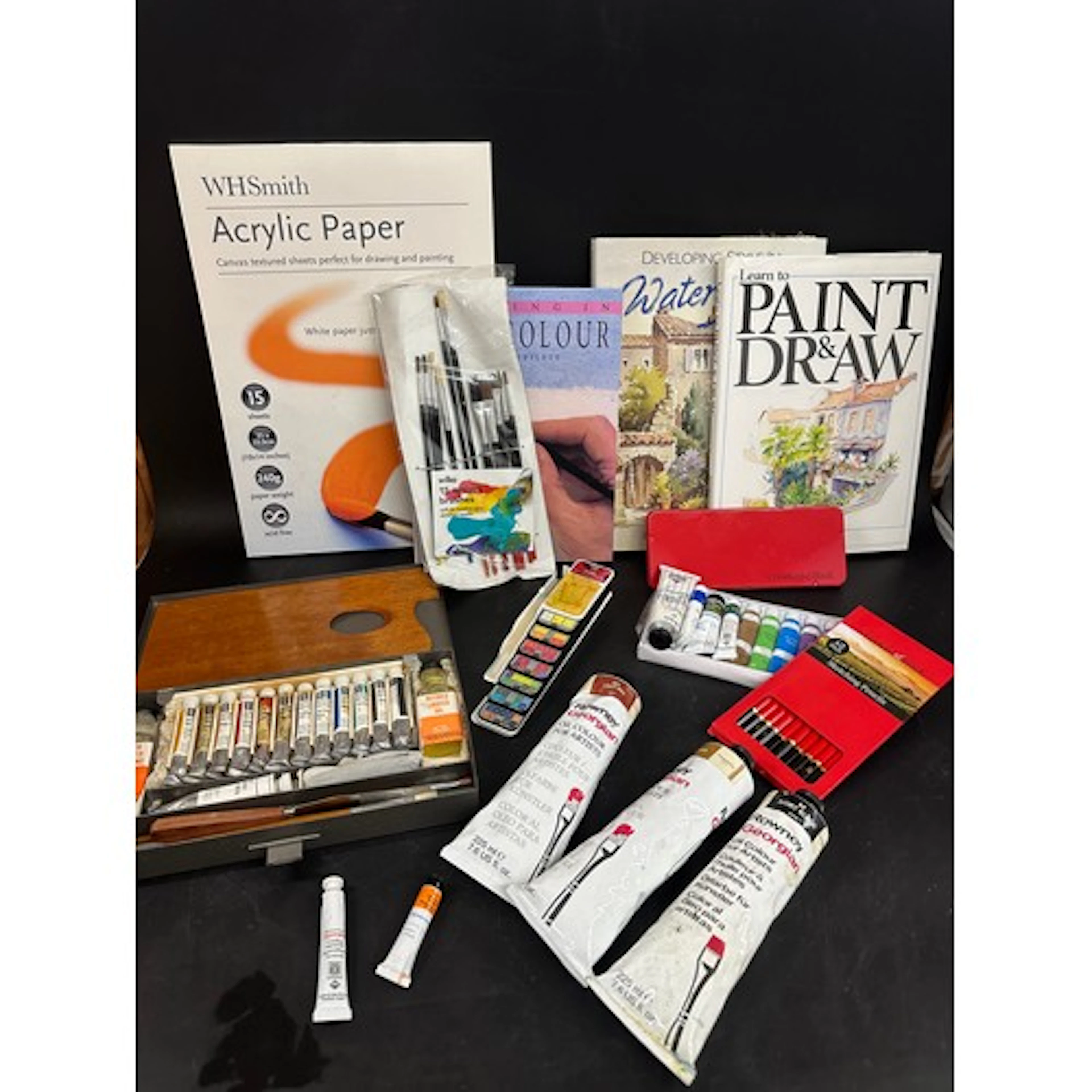 Windsor and Newton oil paints, acrylic paint, painting books...