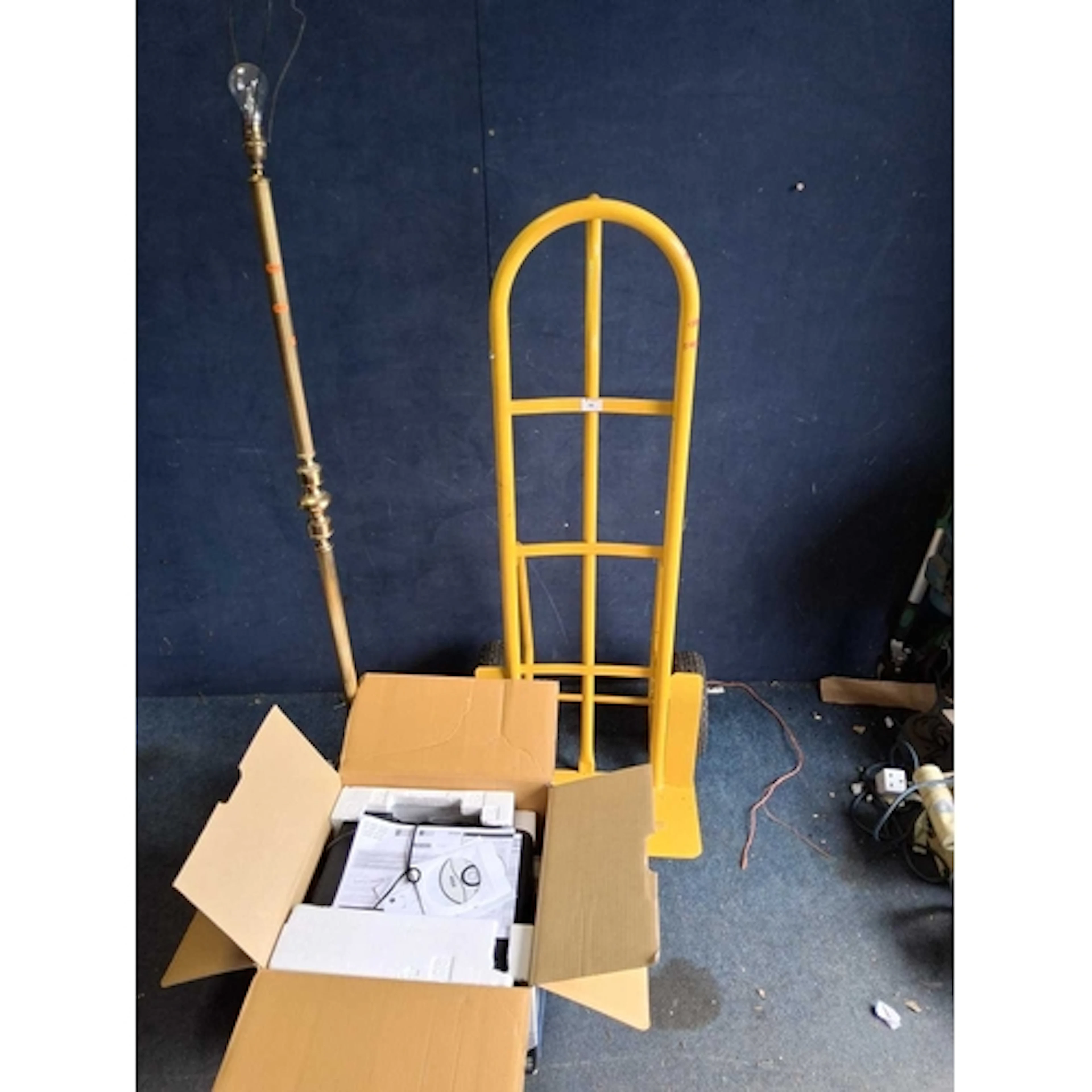 A BRASS STANDARD LAMP, a sack truck and an Epson printer (UN...