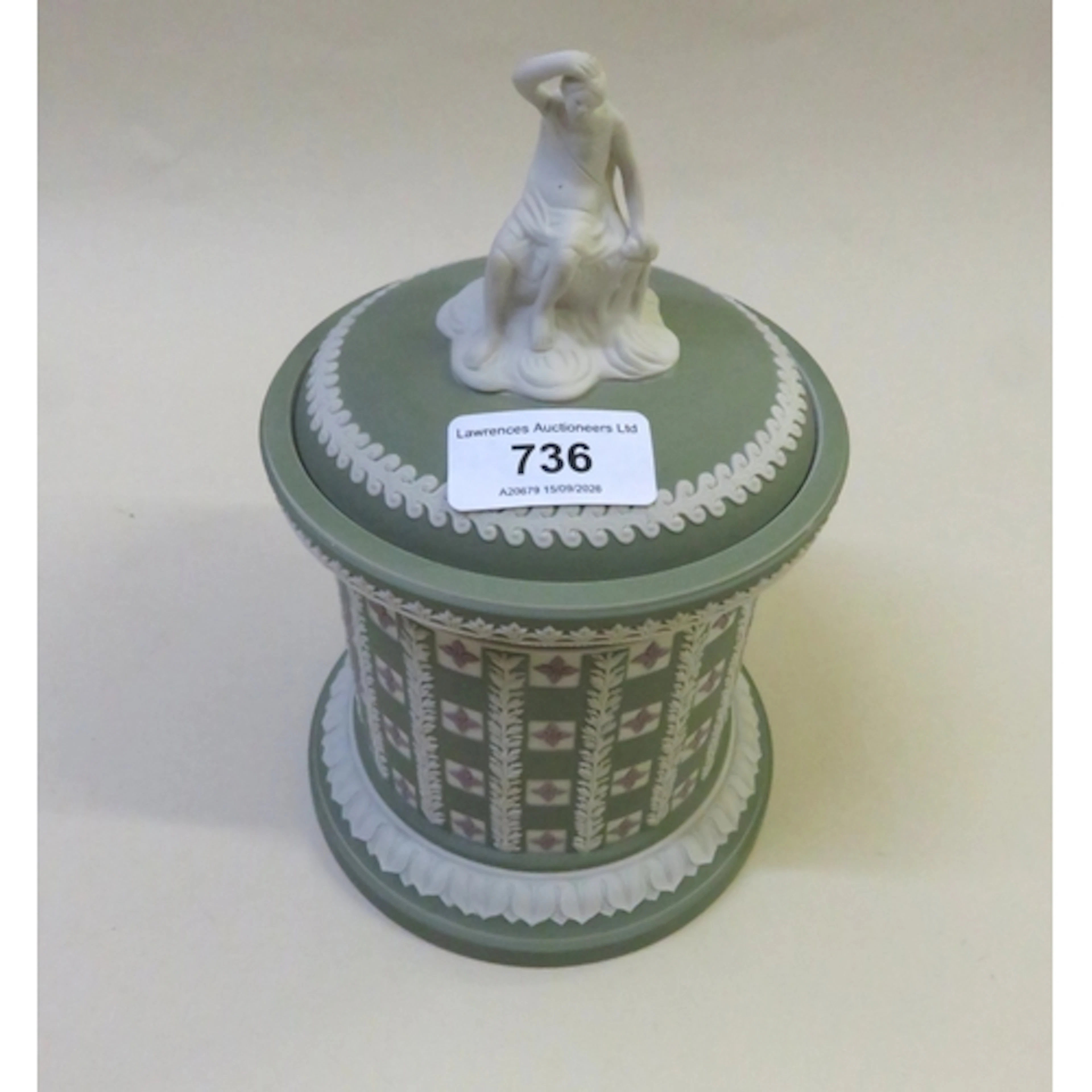 Modern Wedgwood Jasperware tobacco jar and cover with figura...