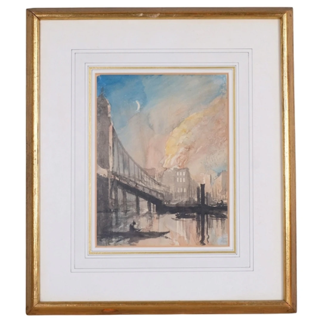 Buildings on fire on a riverbank, mid-20th century watercolo...