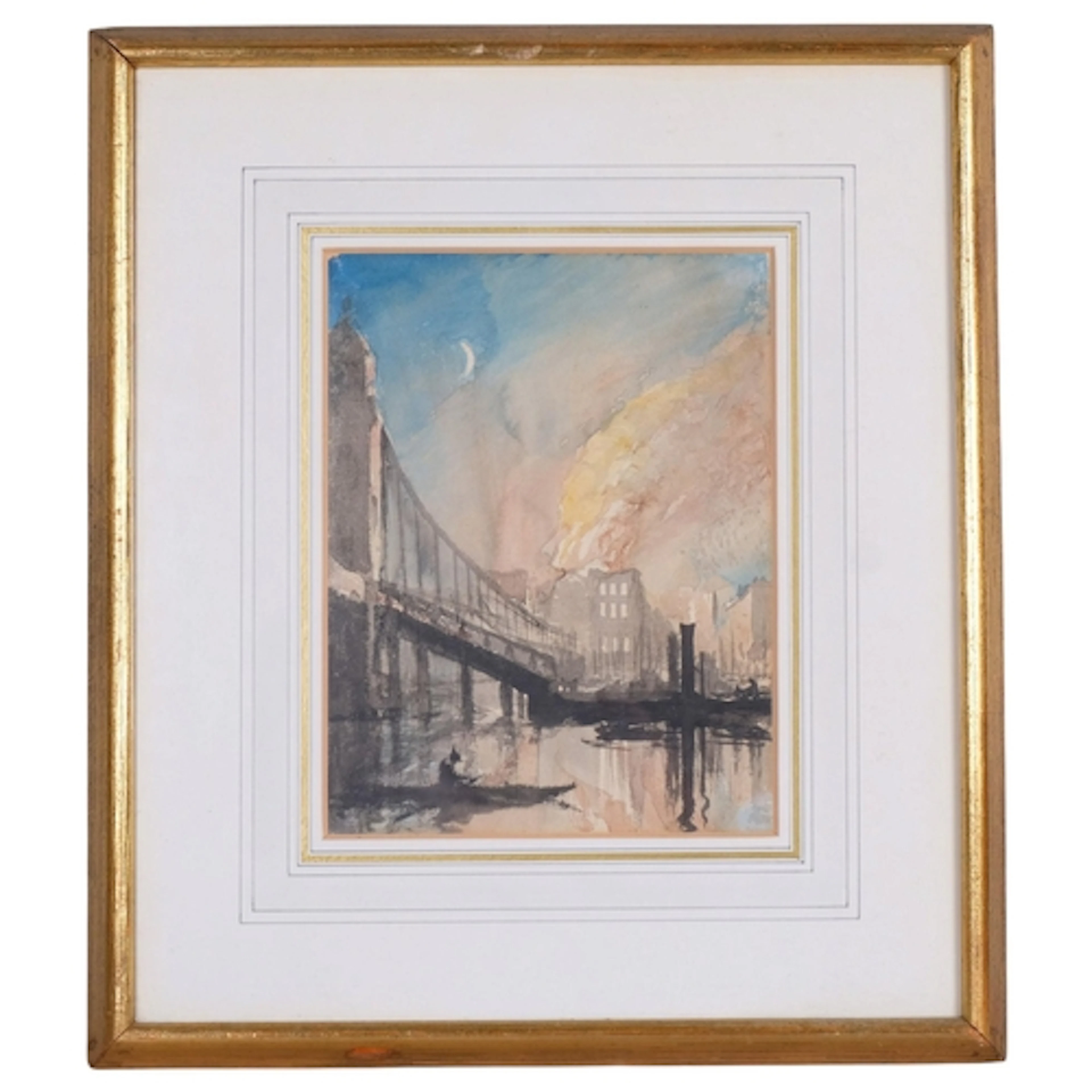 Buildings on fire on a riverbank, mid-20th century watercolo...