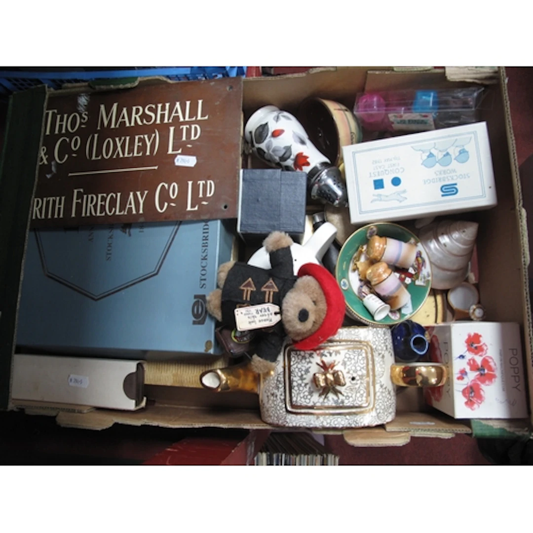 Collectables, including metal company plaque inscribed "Thos...