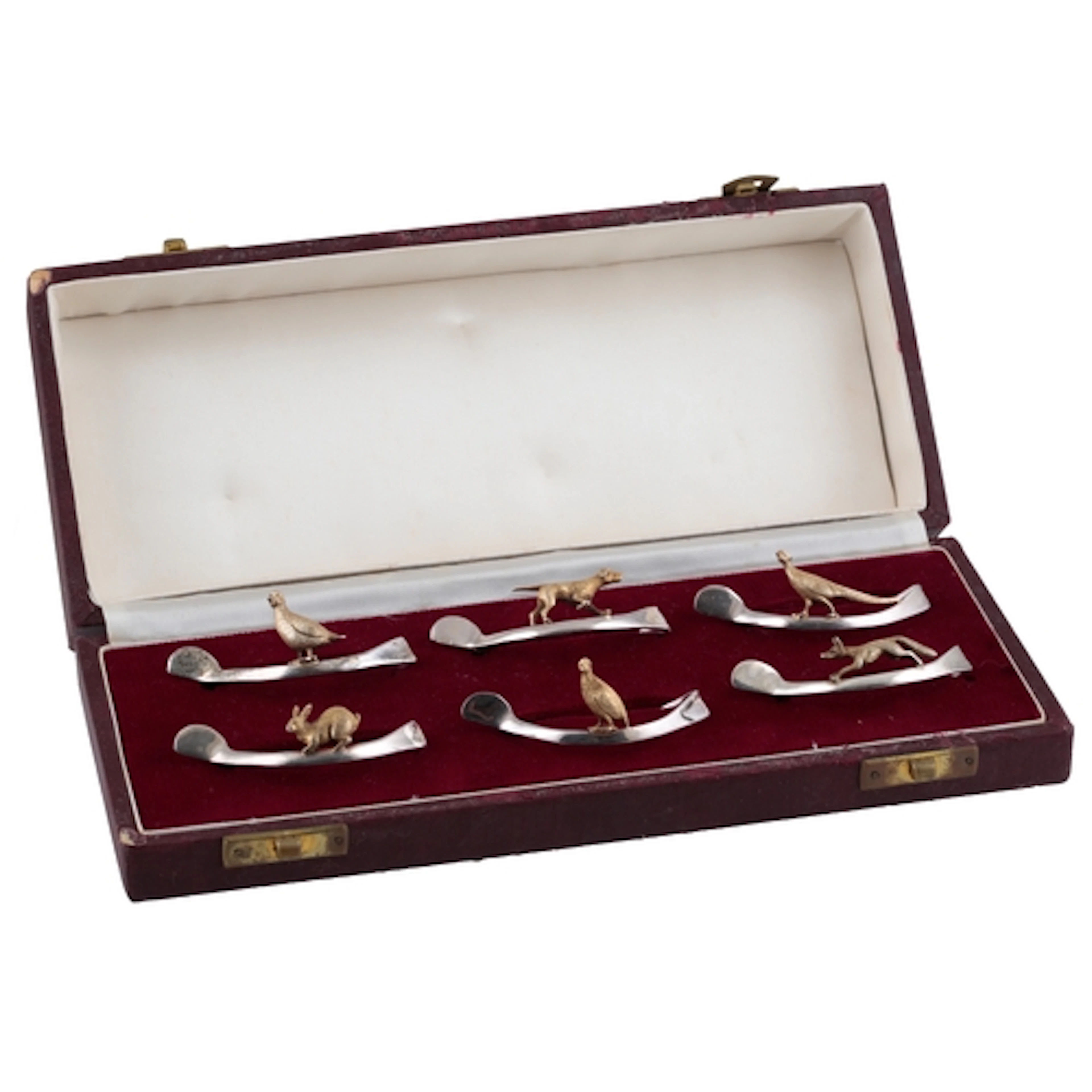 A cased set of six Elizabeth II novelty parcel gilt silver n...