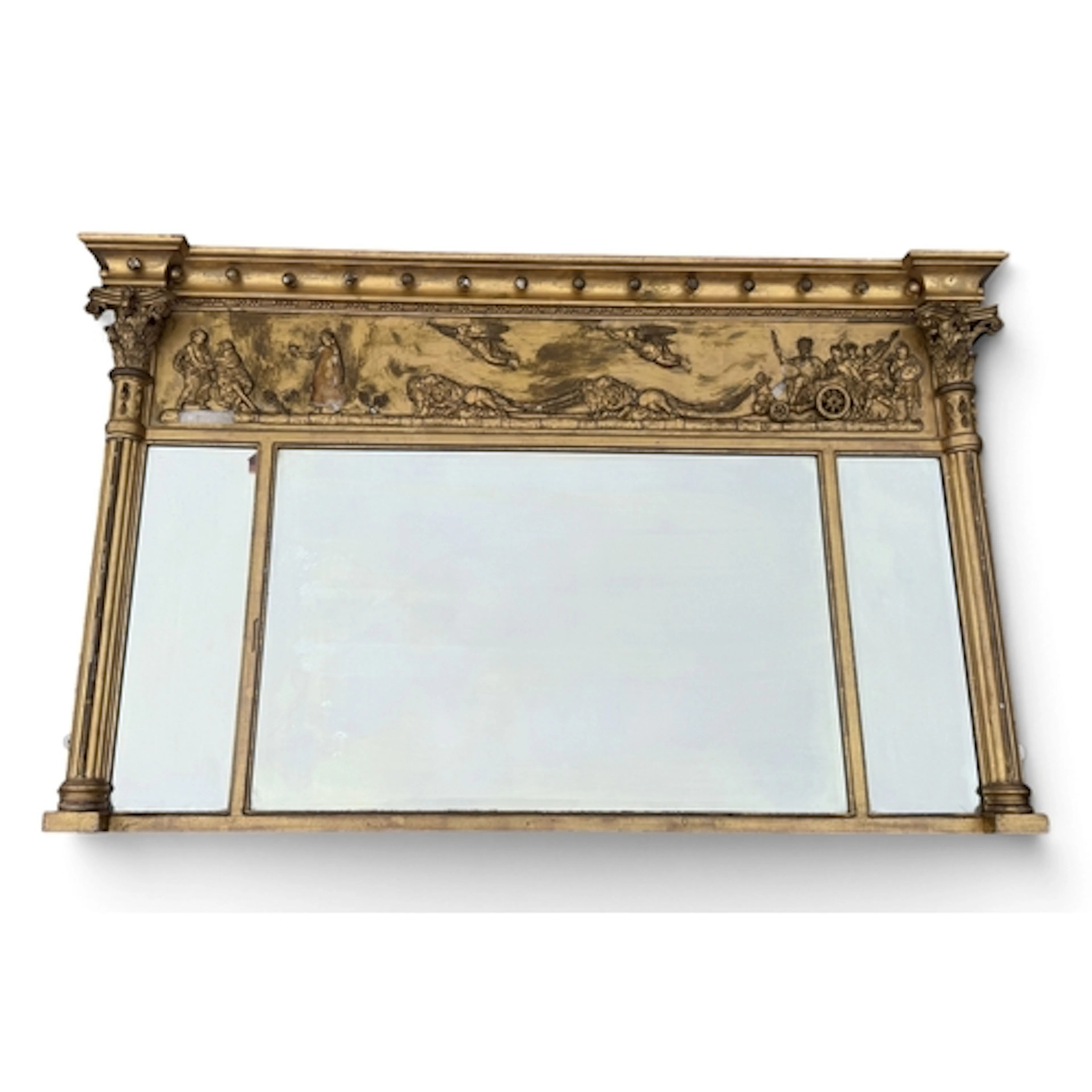A REGENCY GILTWOOD AND GESSO OVERMANTEL MIRROR With neoclass...