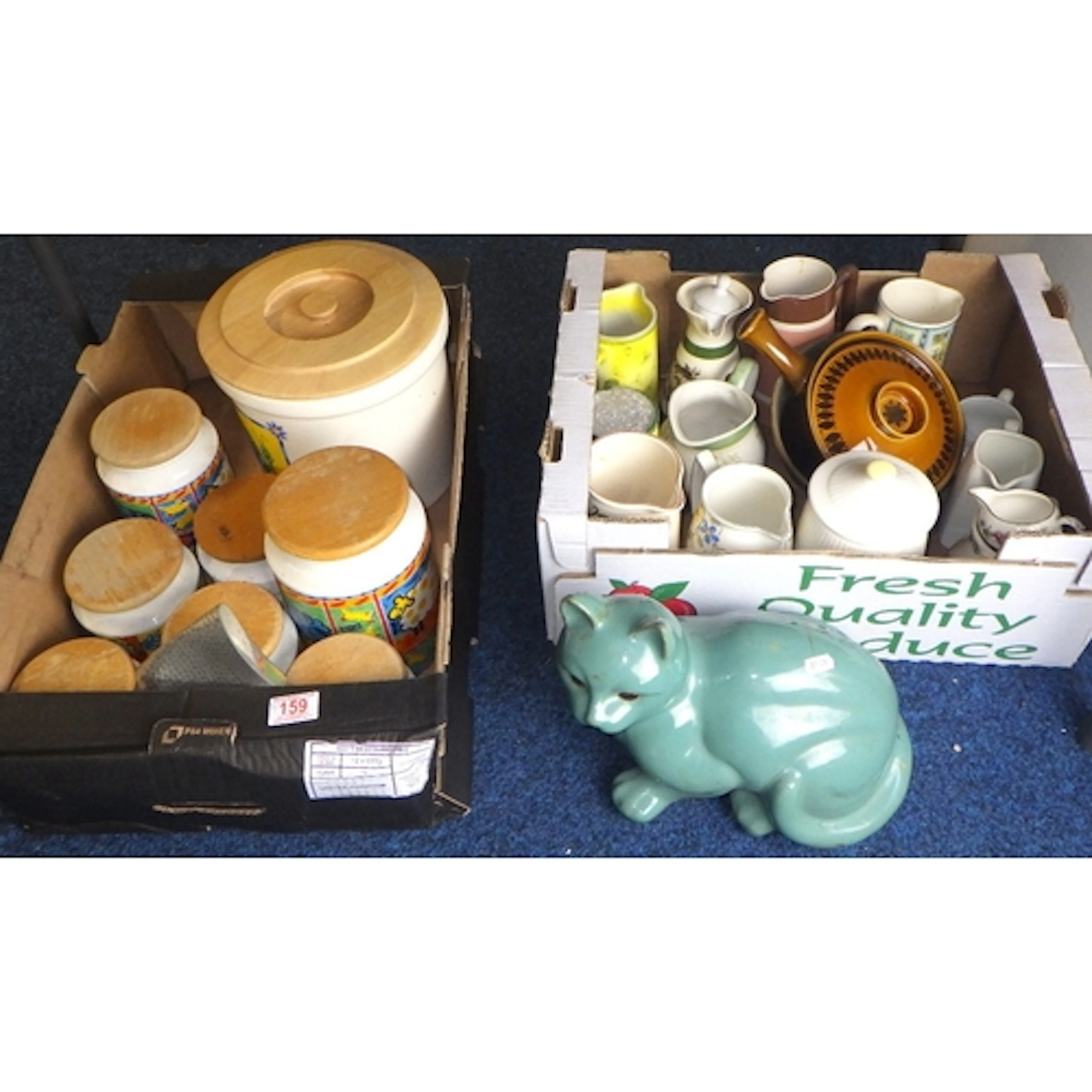 A qty of storage jars, jugs, ceramic cat etc AF
