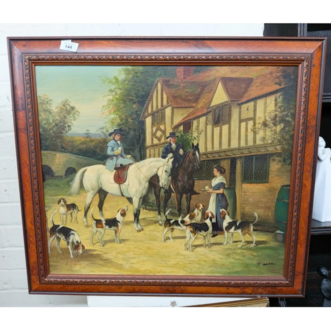 Oil on board depicting a hunting scene signed T Harris, imag...