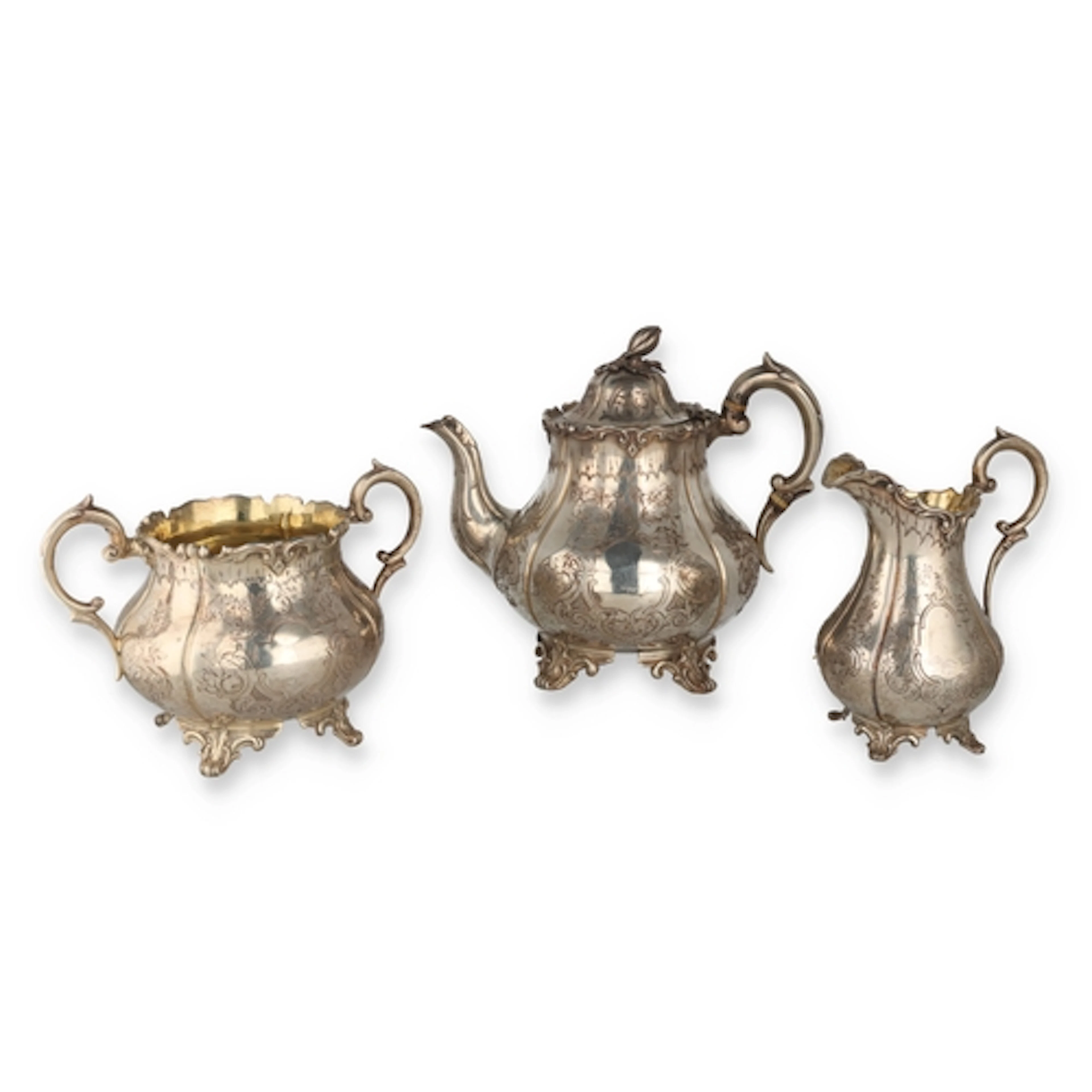A VICTORIAN SILVER THREE PIECE MELON PATTERN TEA SERVICE, DA...