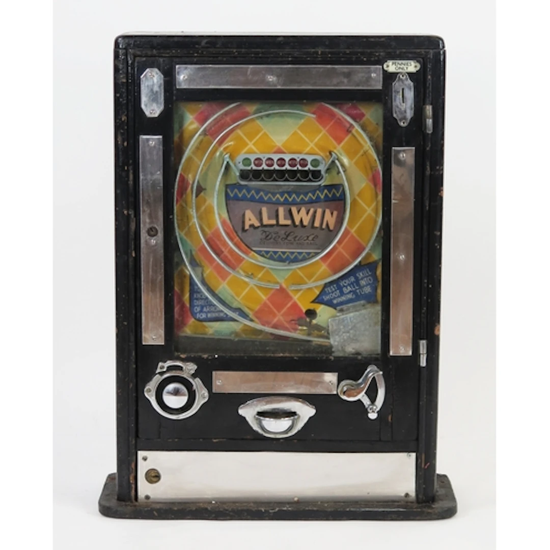 A mid 20th century Allwin penny slot machine, in an ebonised...