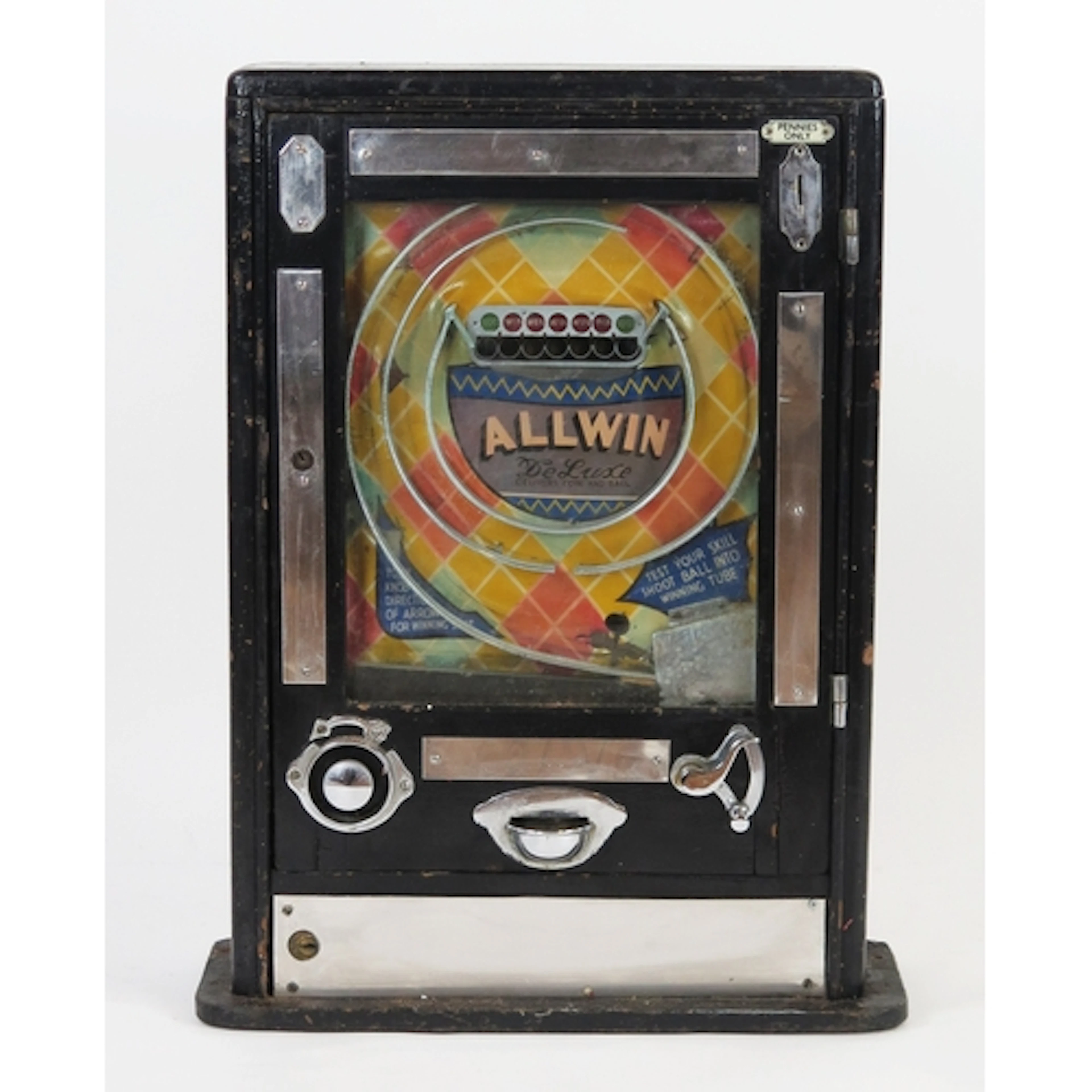 A mid 20th century Allwin penny slot machine, in an ebonised...