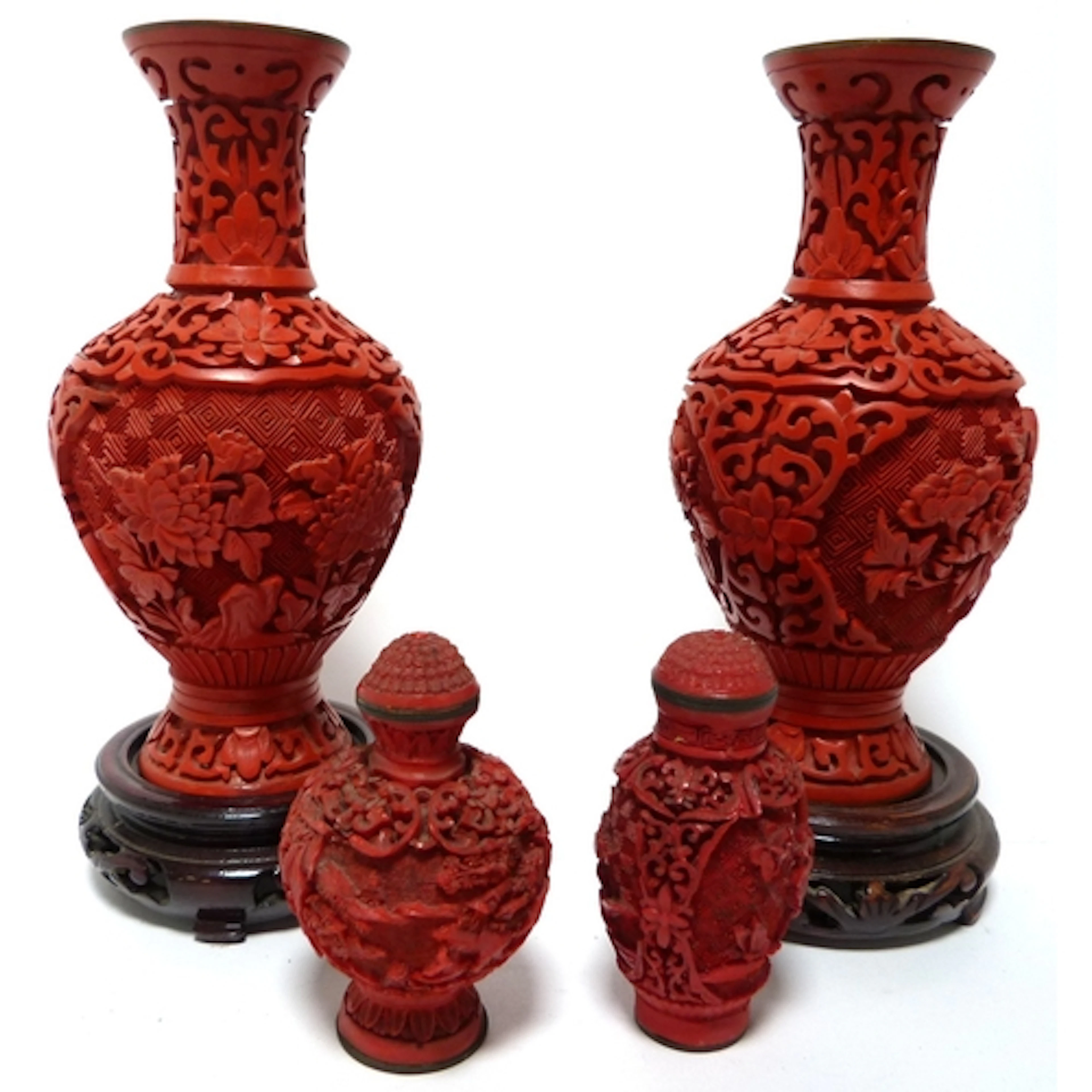 Pair of Chinese Cinnabar spill vases on stands, and two Chin...