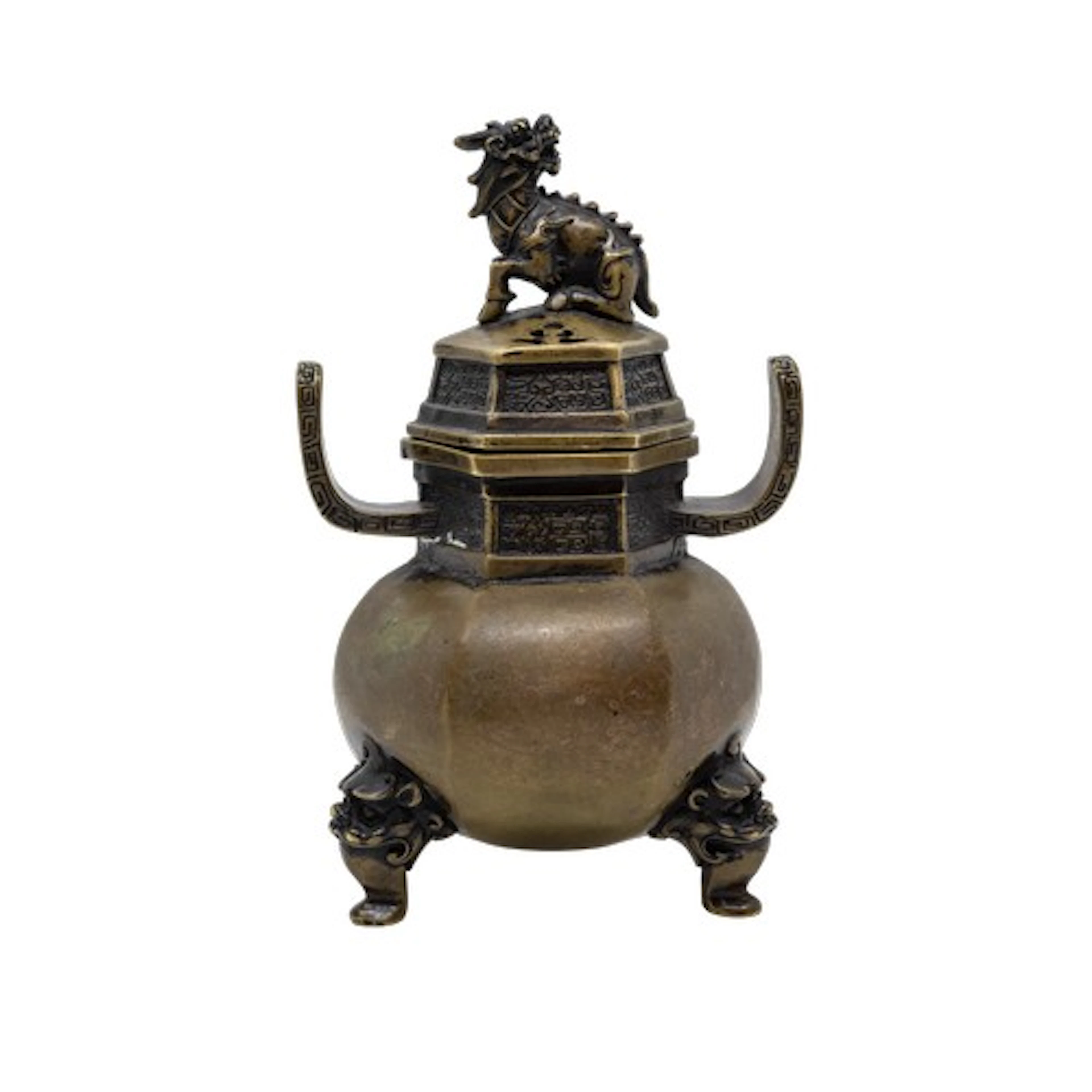 A BRONZE HEXAGONAL TRIPOD CENSER AND COVER XUANDE MARK, LATE...