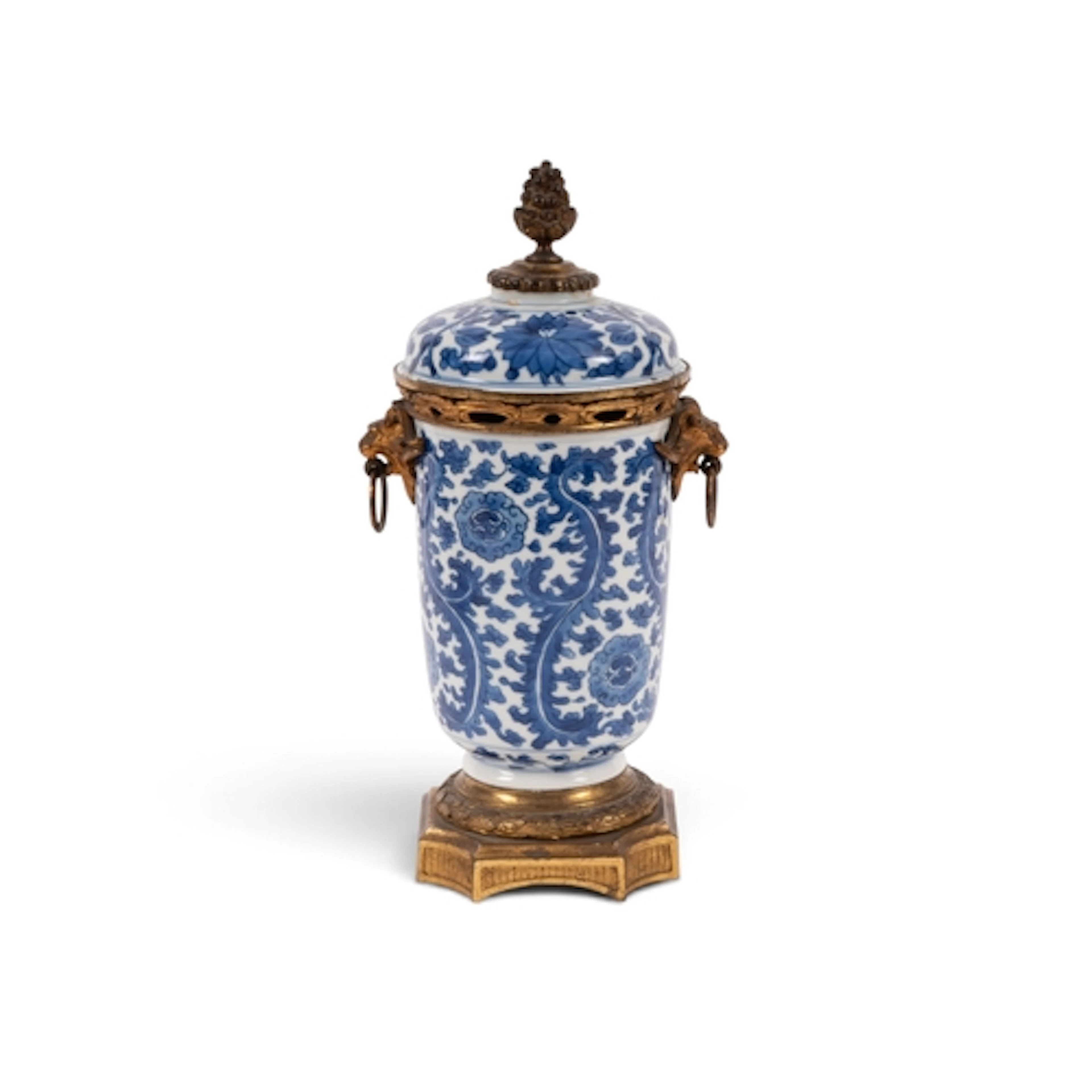 An ormolu-mounted Chinese porcelain blue and white jar and c...