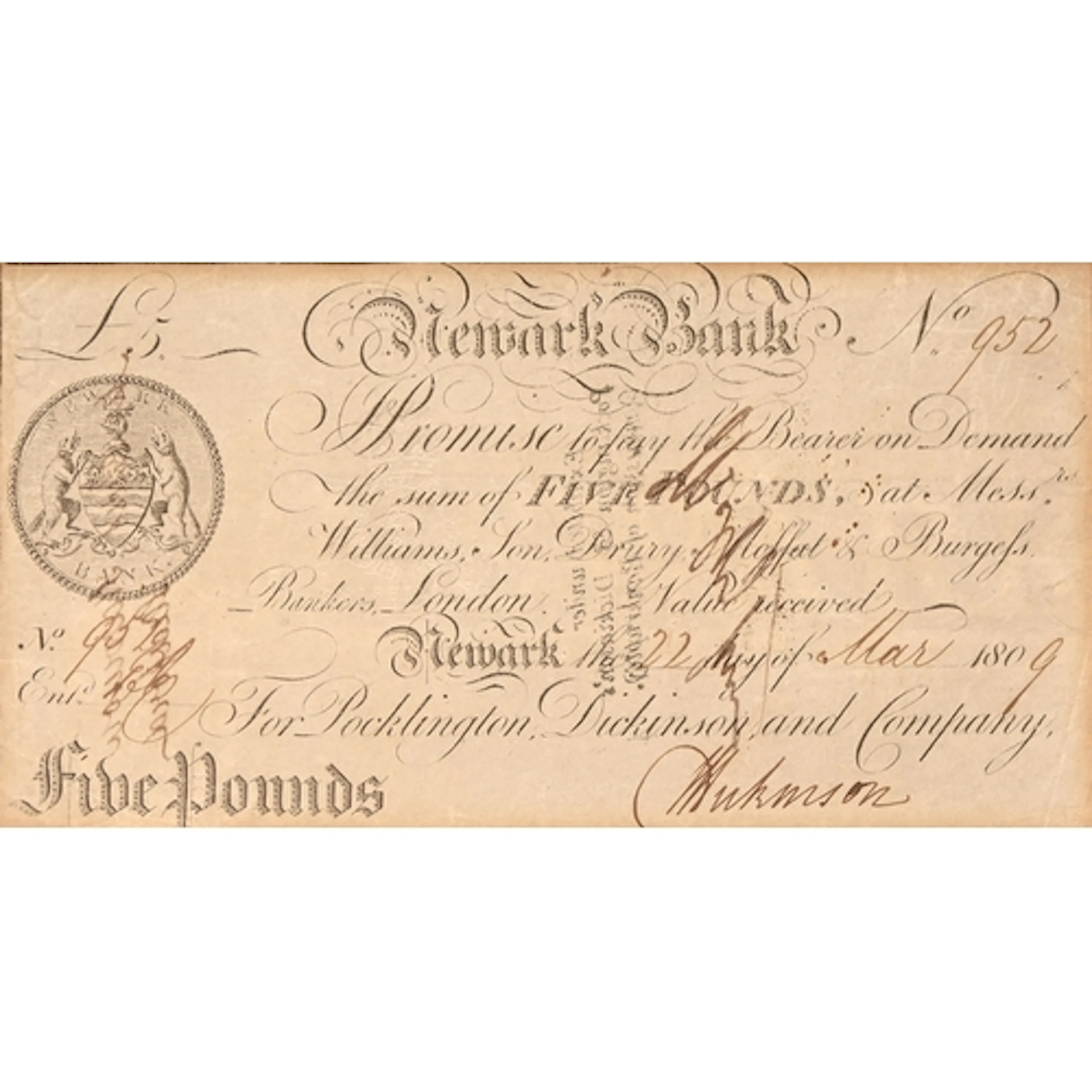 Paper money. Newark Bank, Pocklington, Dickinson & Co, F...