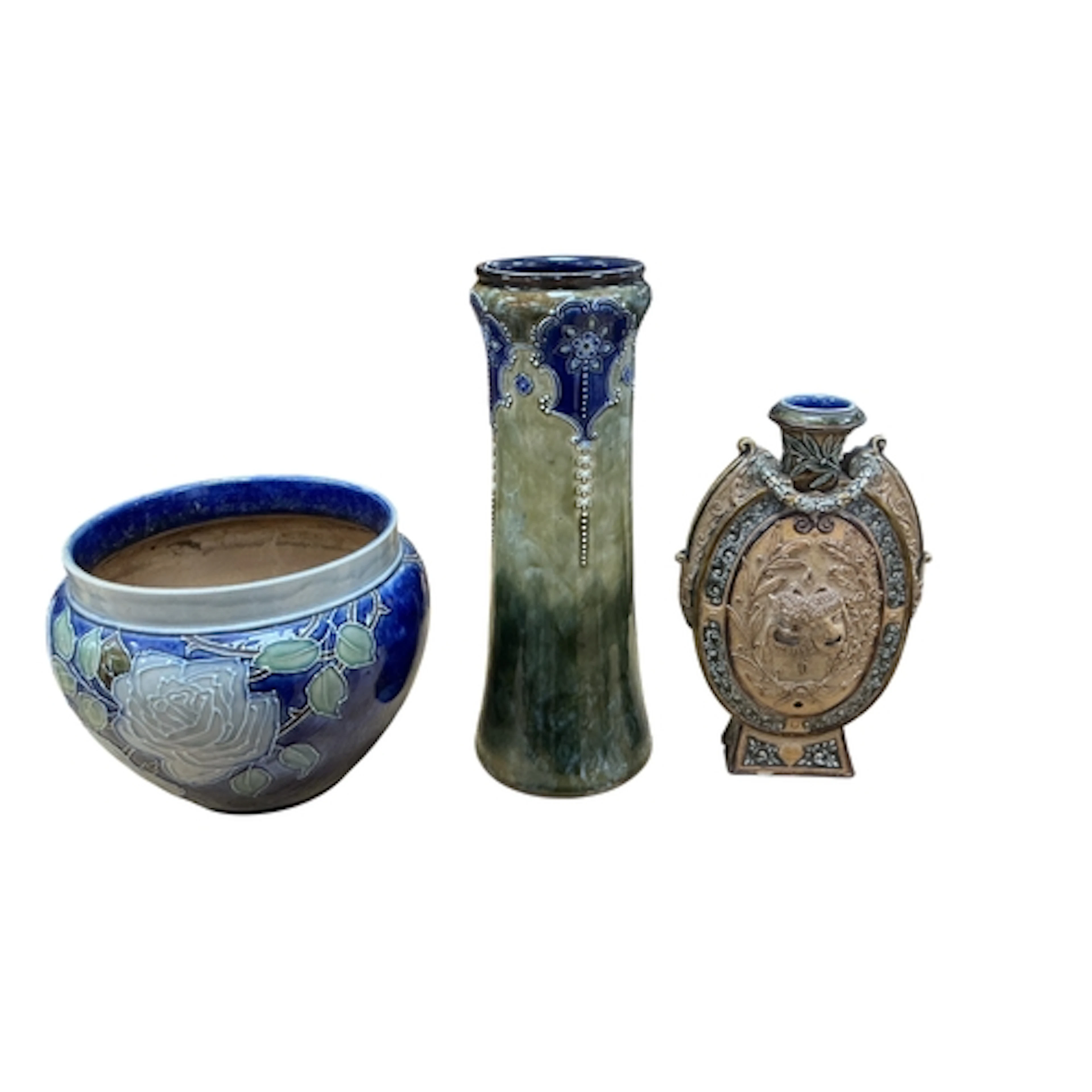 A Doulton jardinière and two vases, variously decorated, jar...