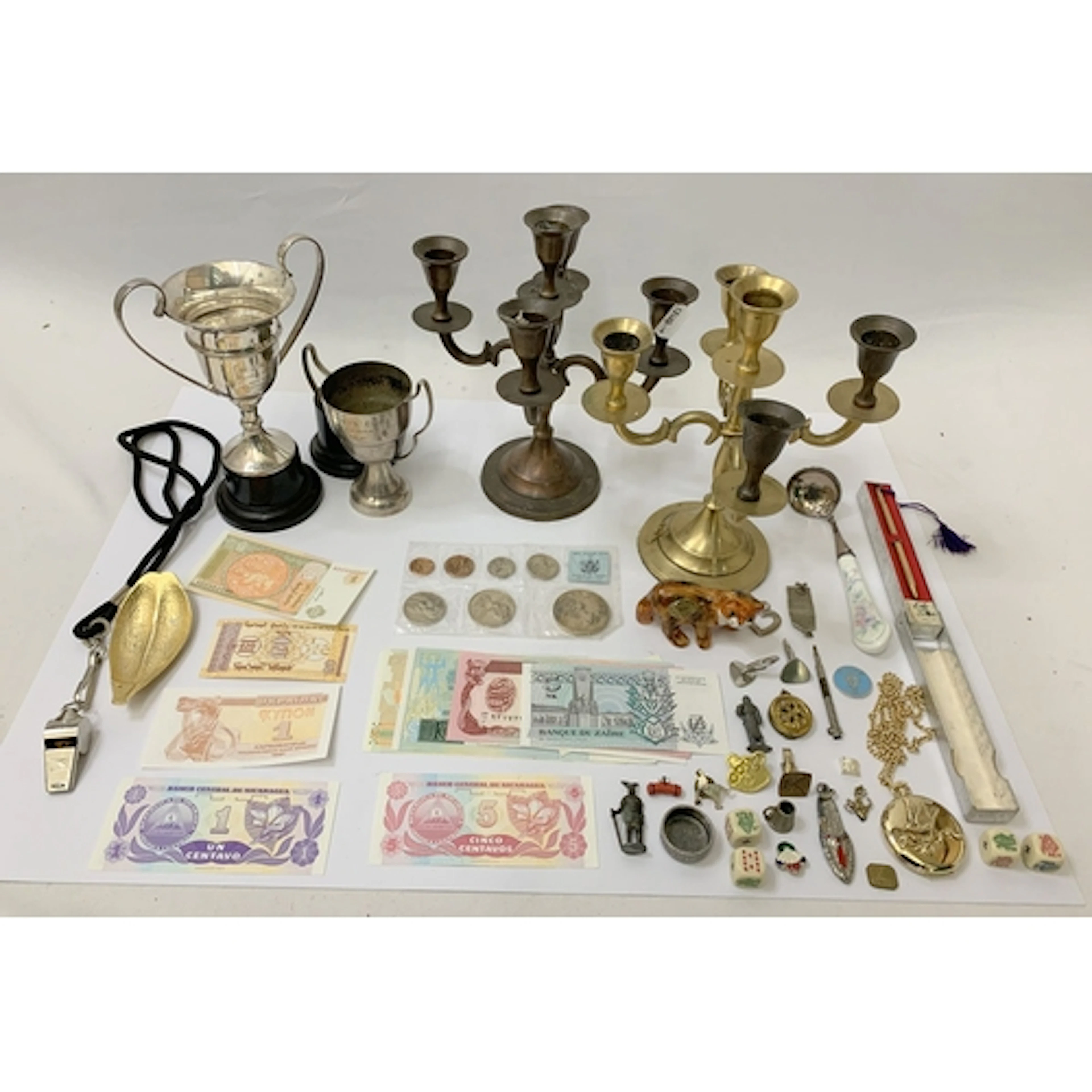 Pair Brass 5 Branch Candelabrum, 2 silver plated trophy cups...