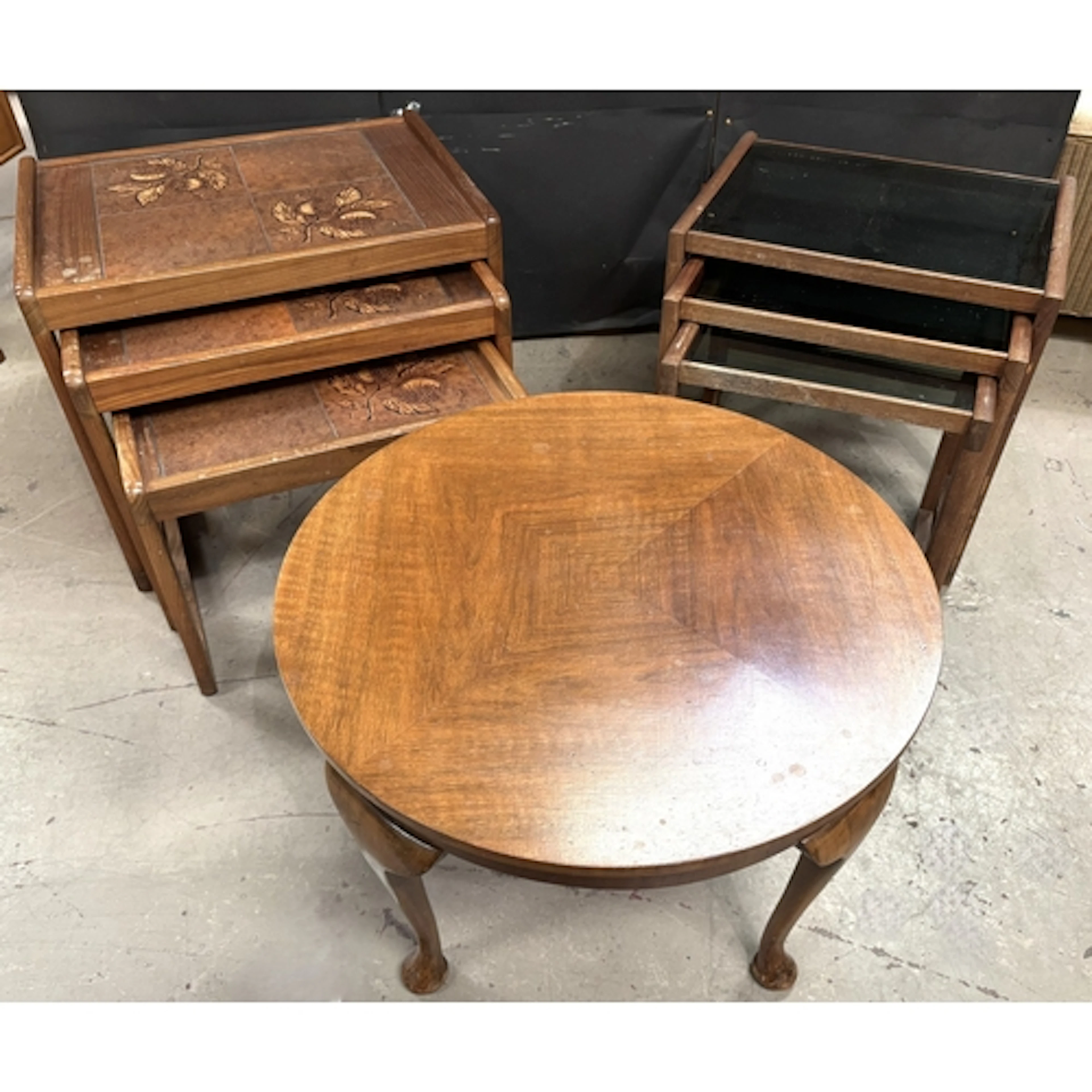 Two teak mid century nests of tables, one nest is tile toppe...