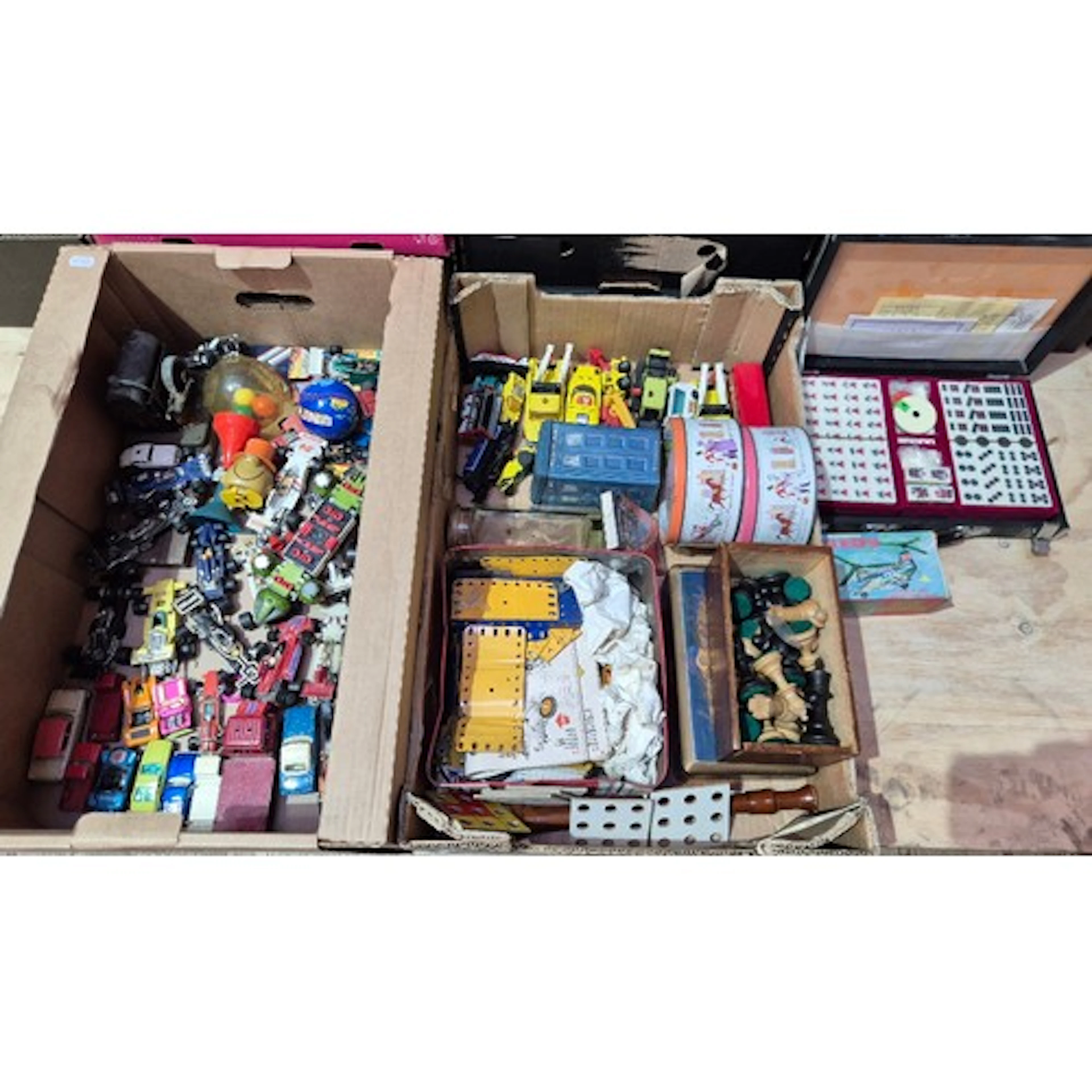 Two boxes of assorted vintage toys to include diecast vehicl...