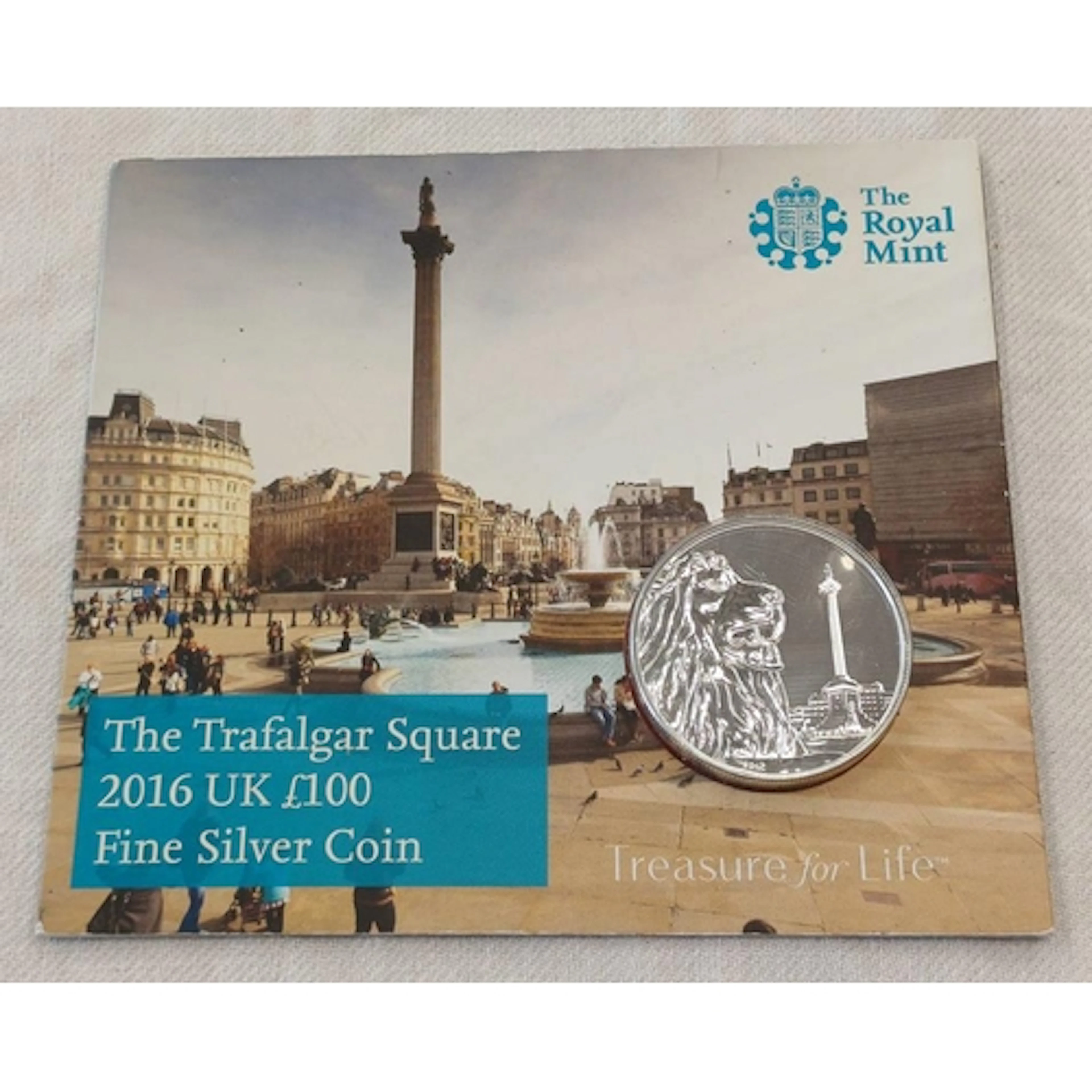 2016 UK TRAFALGAR SQUARE £100 FINE SILVER COIN, IN PACK OF I...