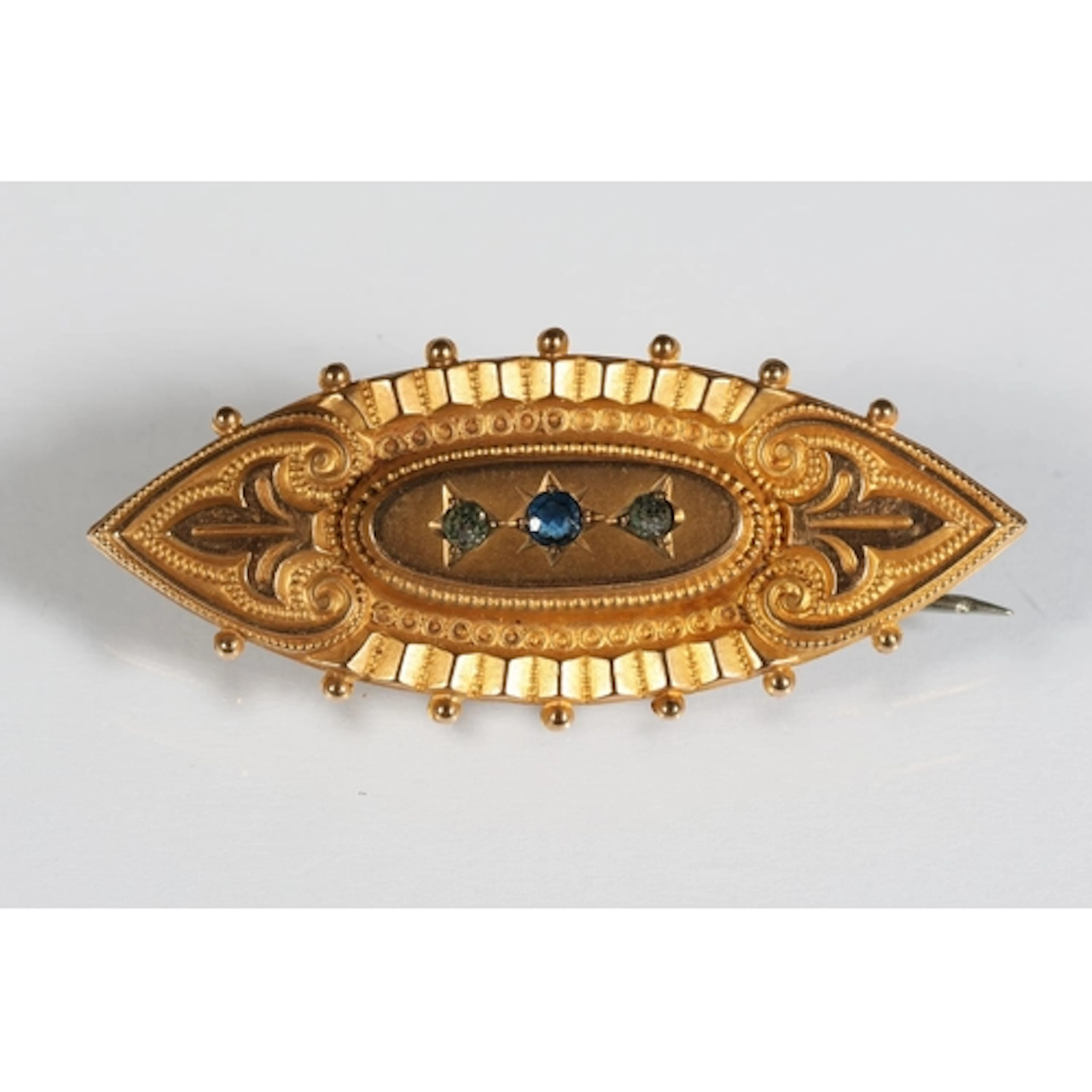 Antique 9ct gold brooch of navette shape set with blue and w...