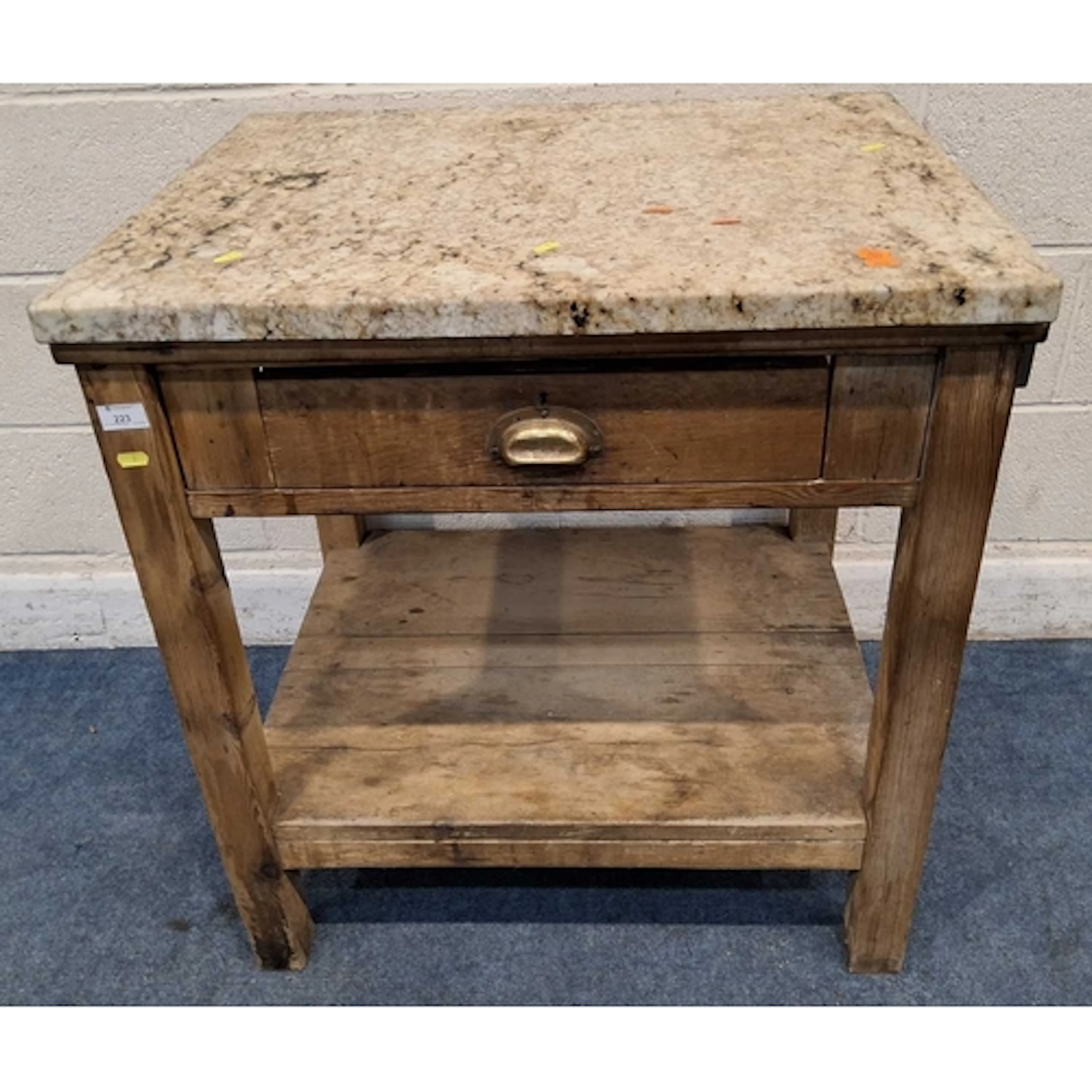 A PINE KITCHEN WORK TABLE, with a marble top, a single friez...