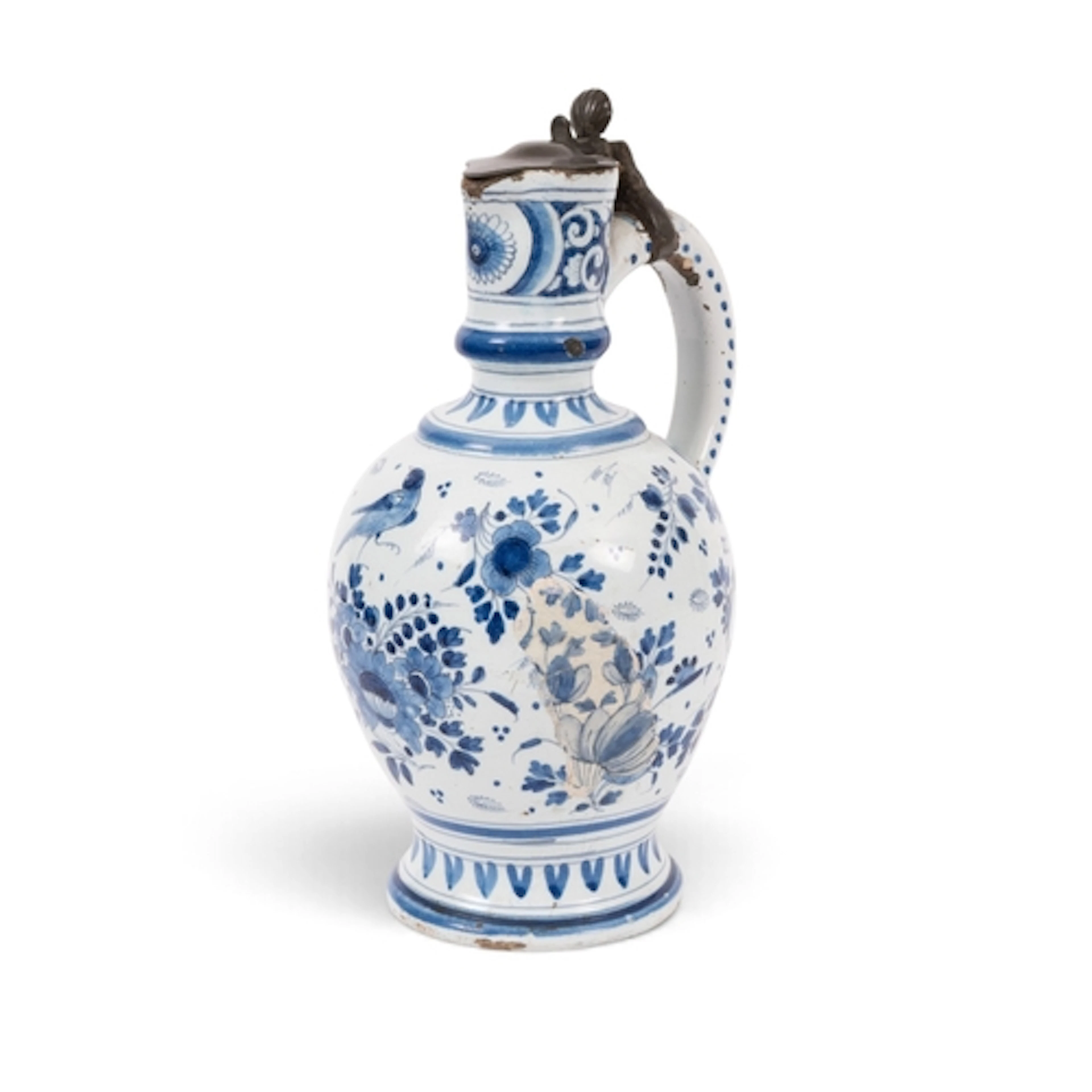 A Delft pewter-mounted jug or ewer, c.1720, painted in blue ...