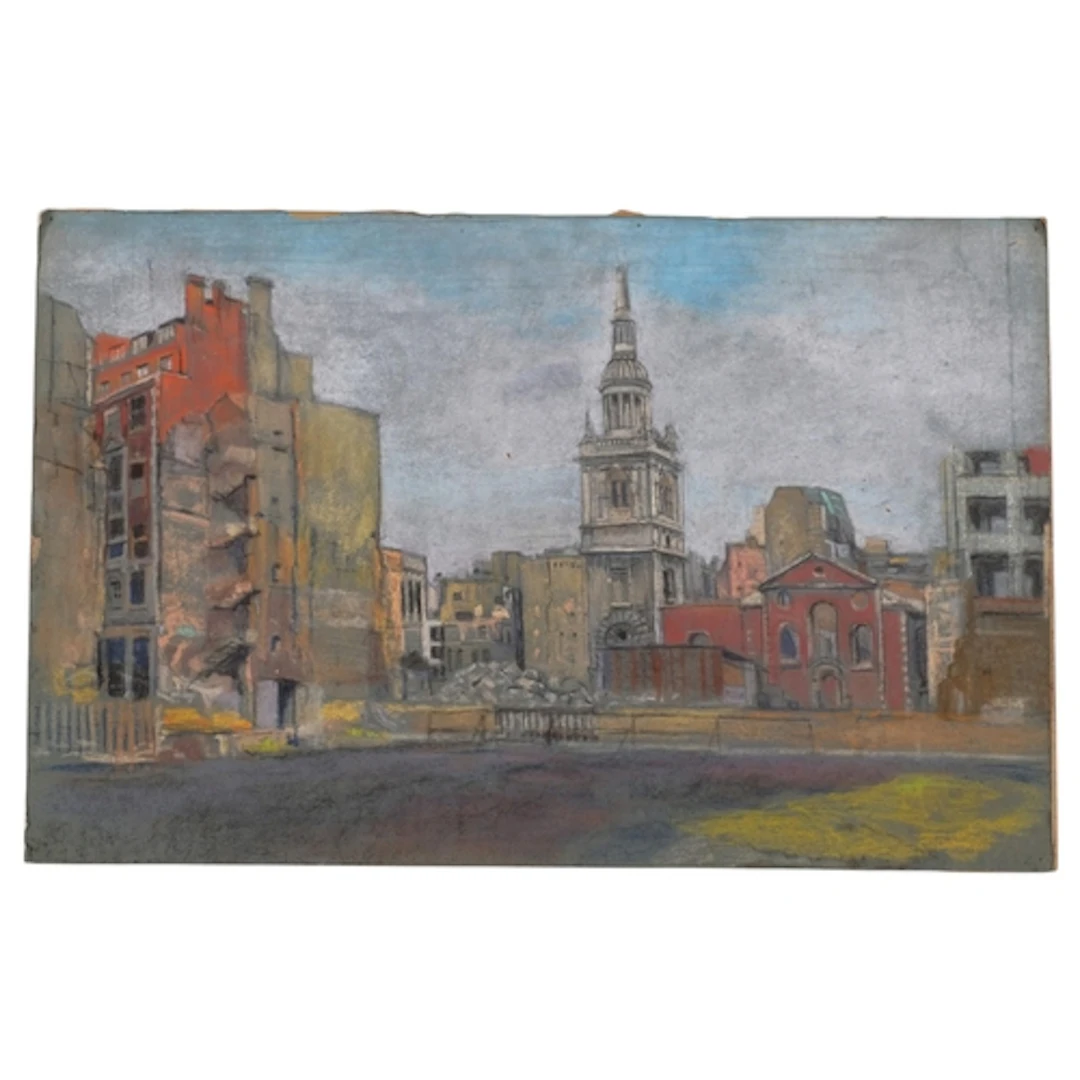Bomb damaged buildings, mid-20th century coloured pastels on...