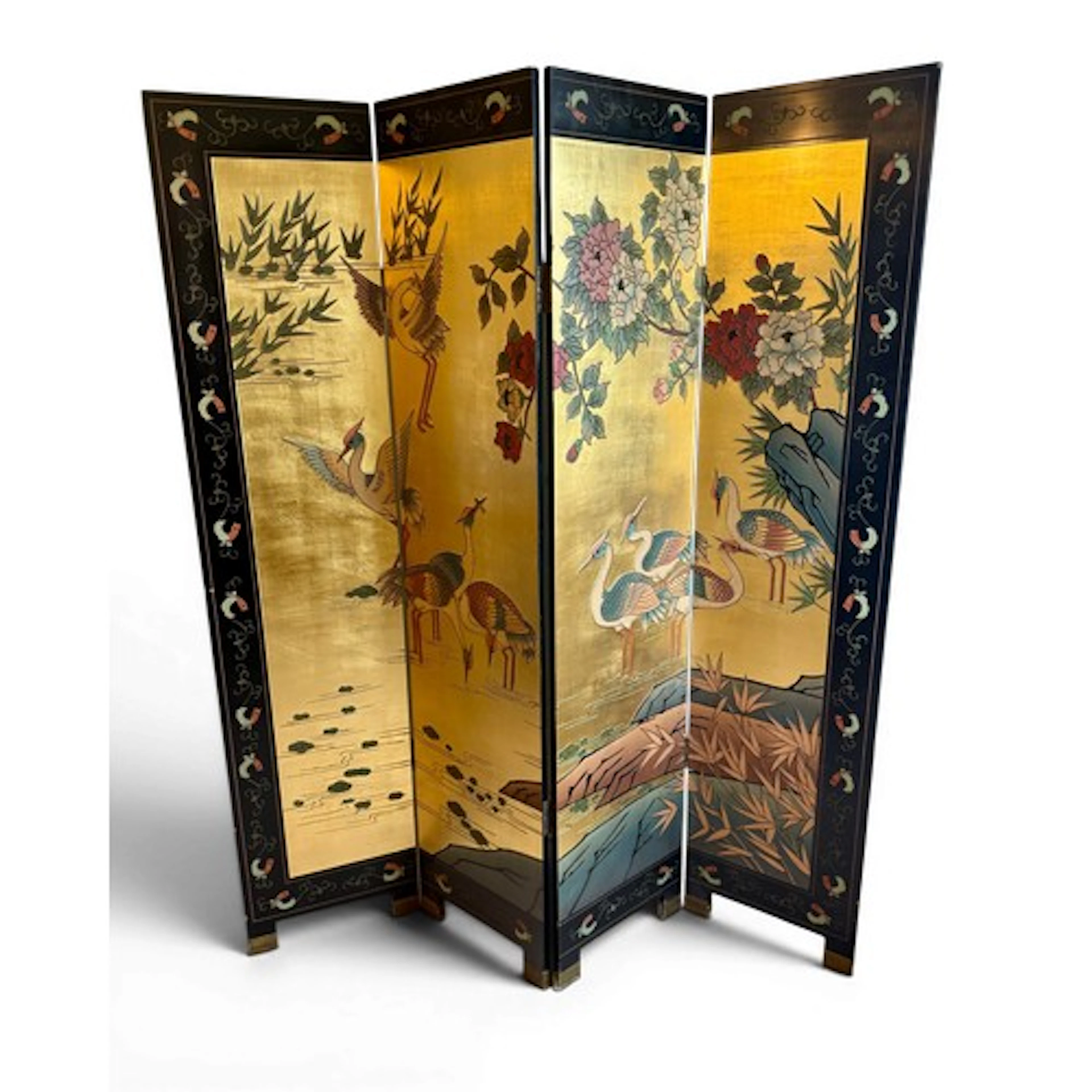 An oriental lacquer four fold screen, 163cm w x 182cm h.