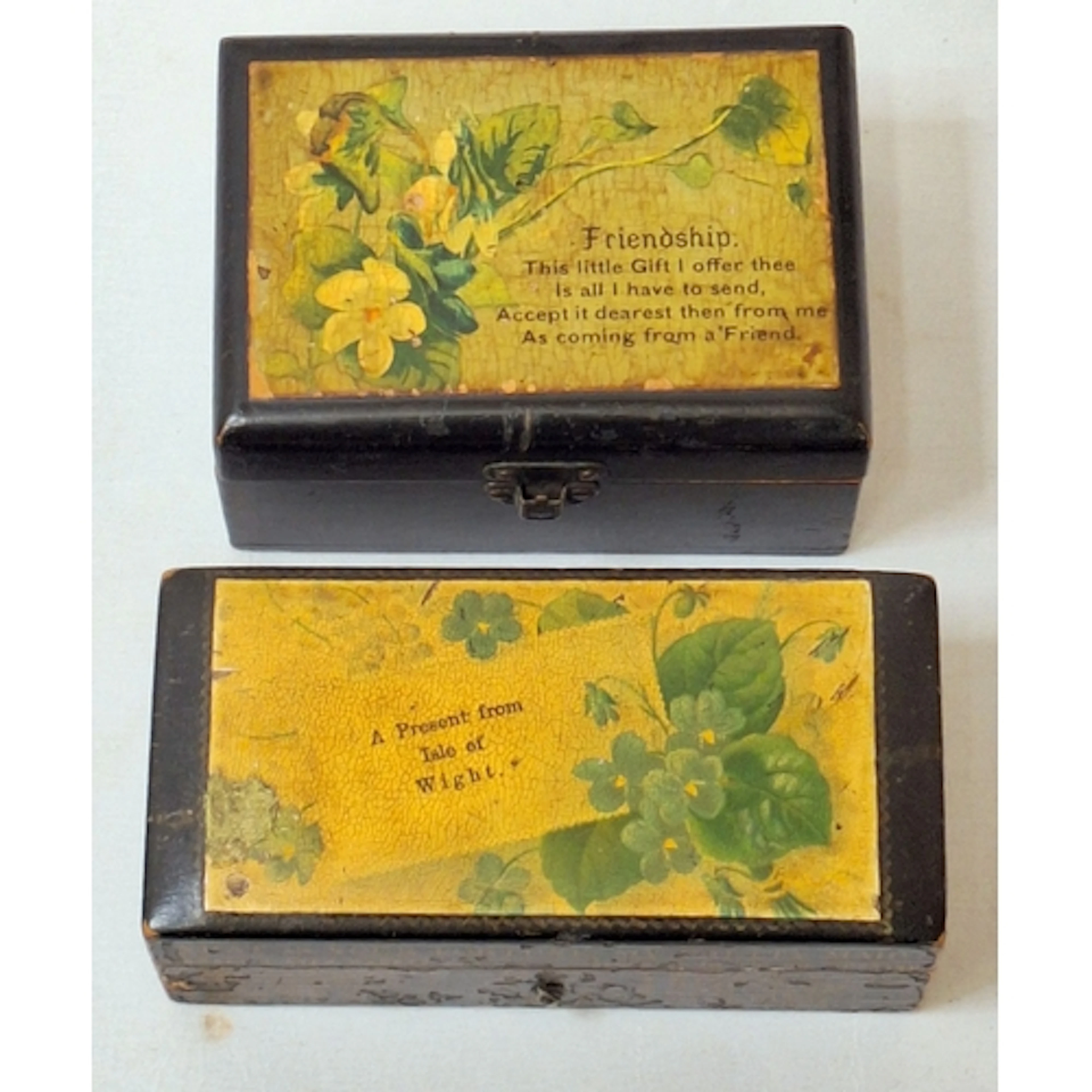 2 Antique Mauchline Ware Black Trinket Boxes incl. fortune t...