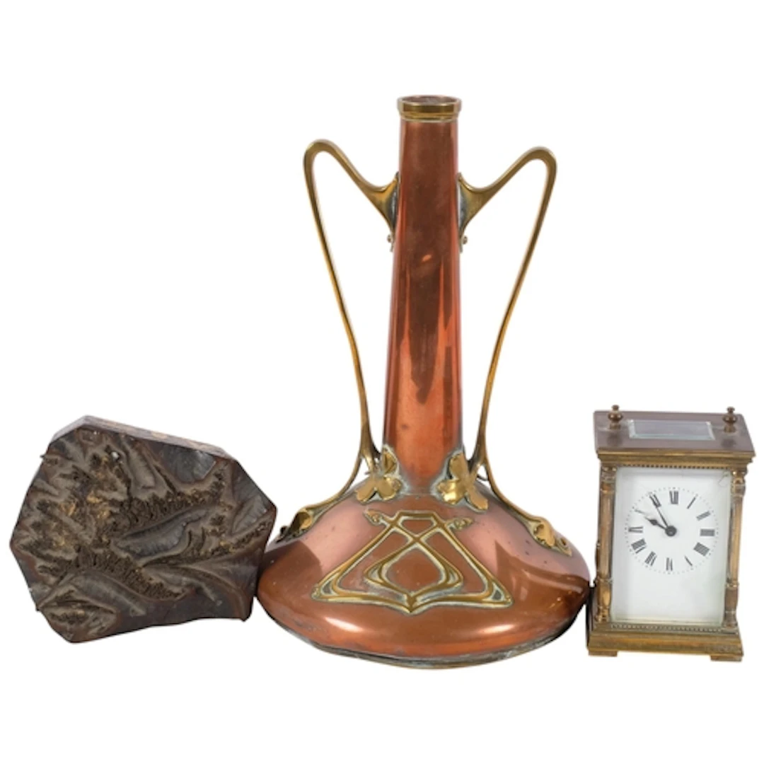 An Arts and Crafts copper and brass 2-handled vase, 28cm, a ...