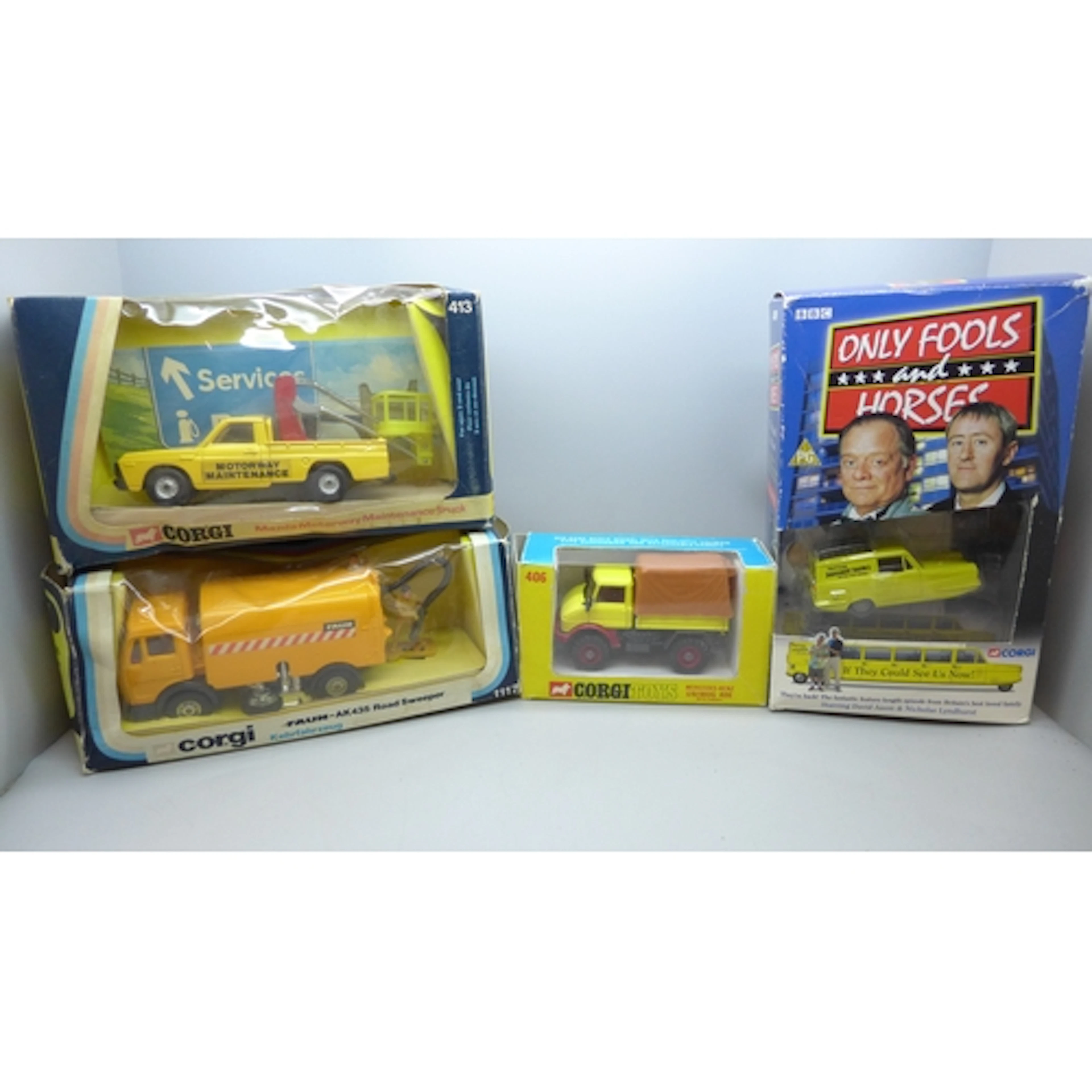 Four Corgi Toys models Faun-AK435 Road Sweeper, Mazda Truck,...