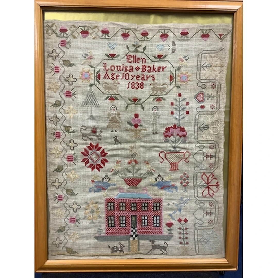 A large charming, naive needlework sampler, by Ellen Louisa ...