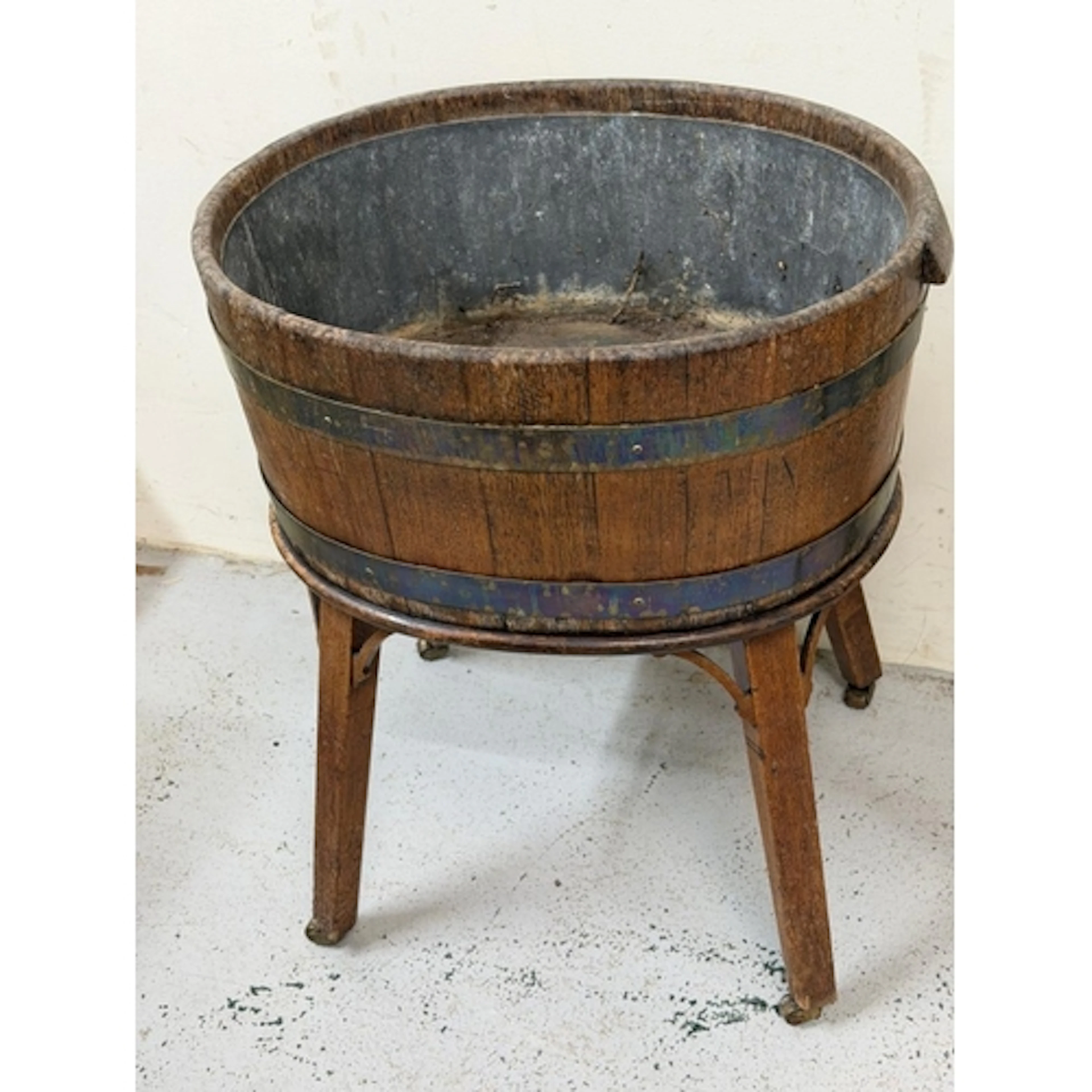 Oak wine cooler on stand, barrel design with brass banding ...