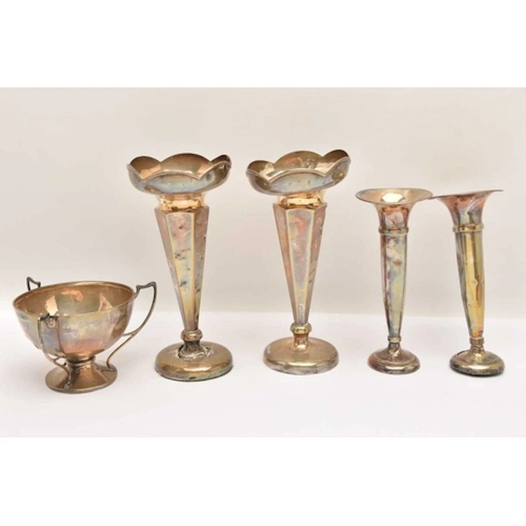 SILVER BOWL AND TWO PAIRS OF POSY VASES (DAMAGED), the bowl ...