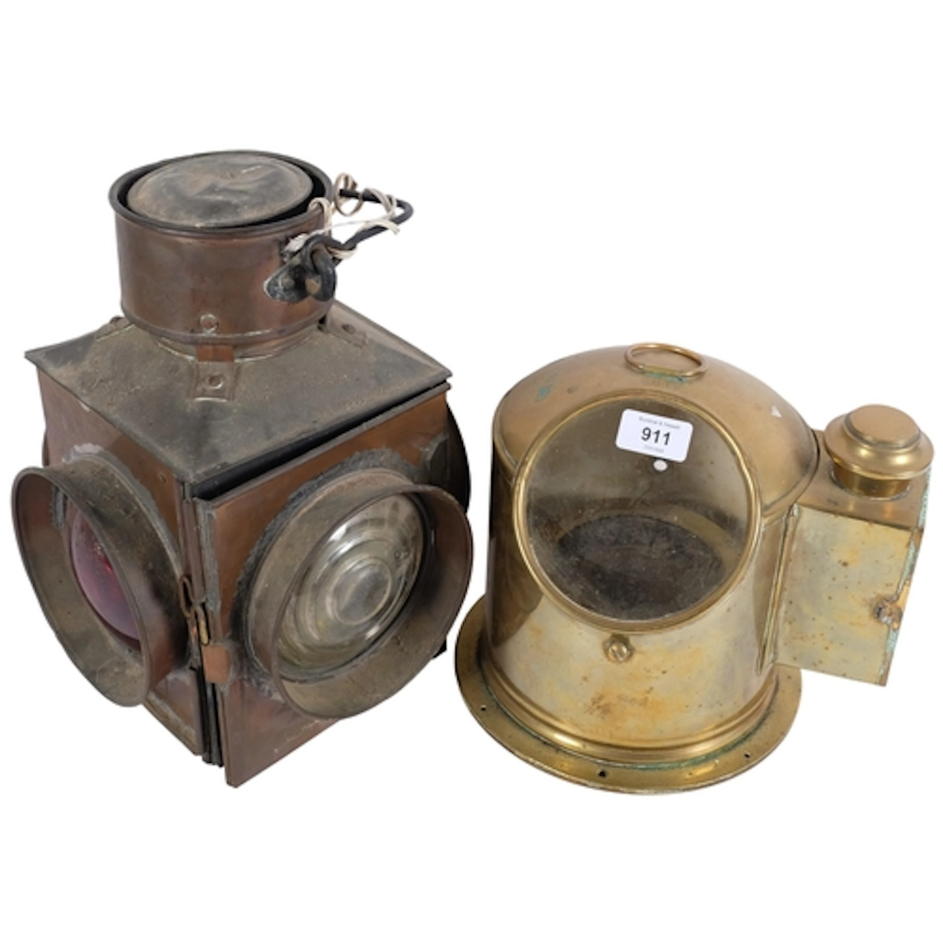 Antique copper ship's lantern with red and clear glass lense...