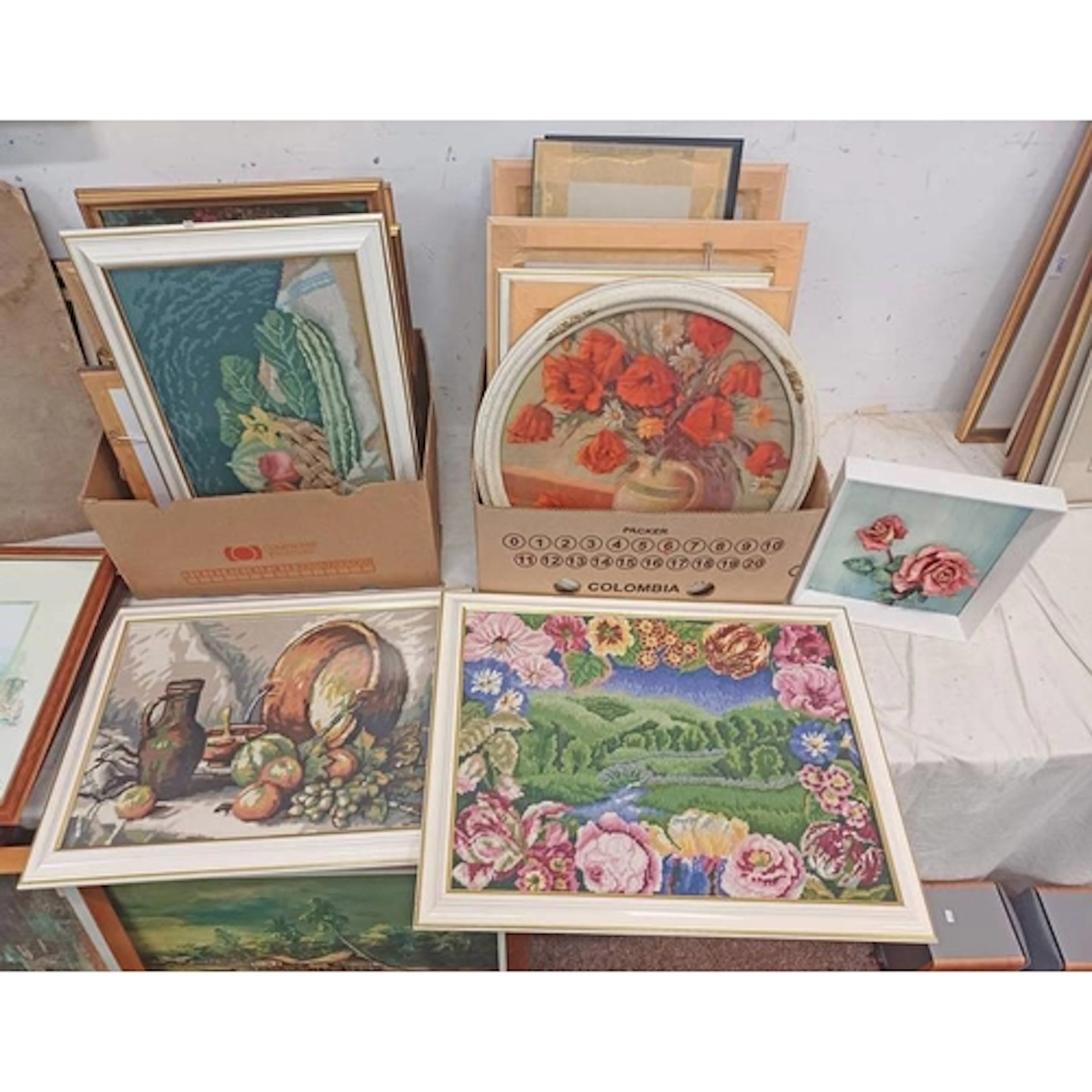 LARGE SELECTION OF MOSTLY EMBROIDERY PICTURES OF VARIOUS SCE...