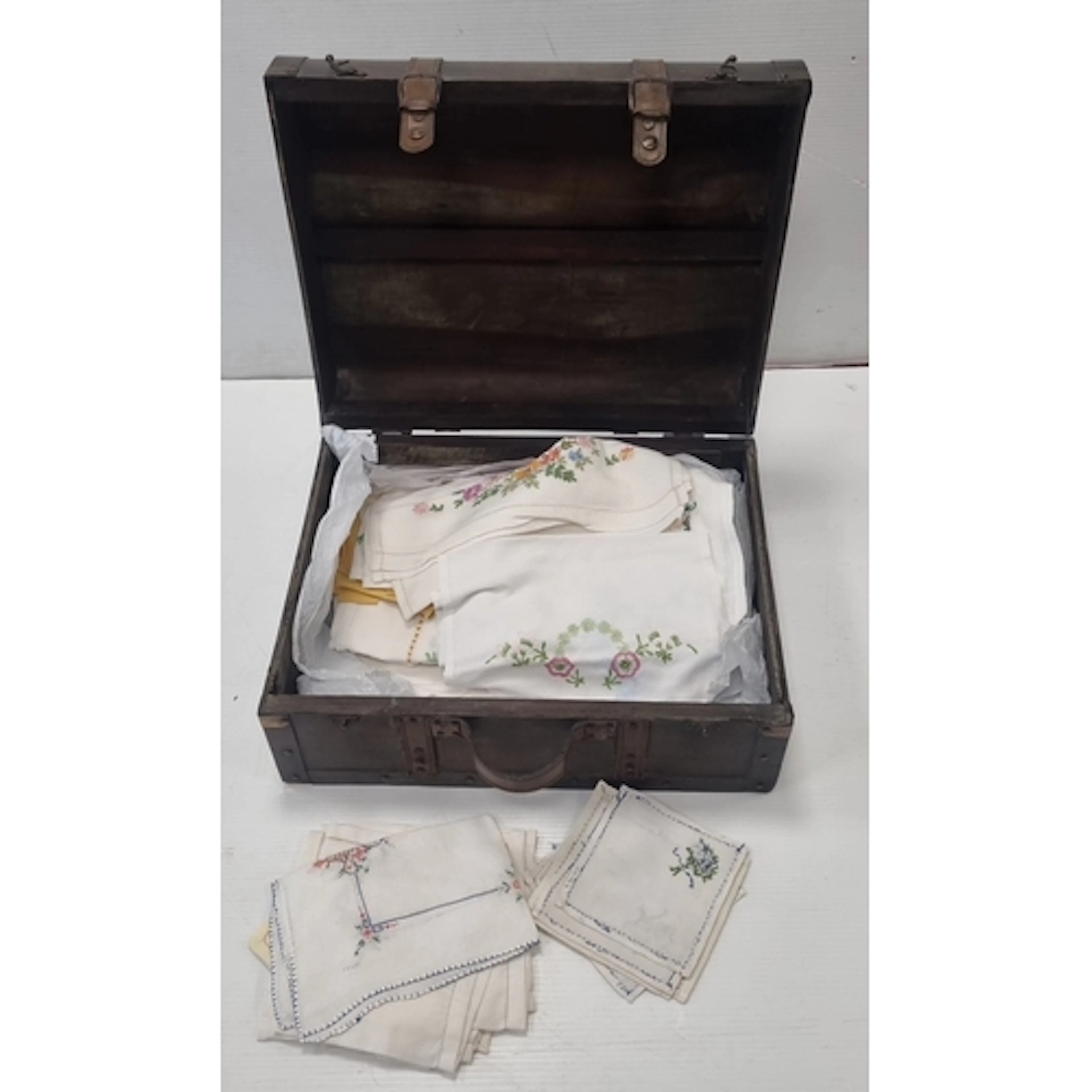 Assorted Embroidered Linen Table Textiles in Storage Trunk