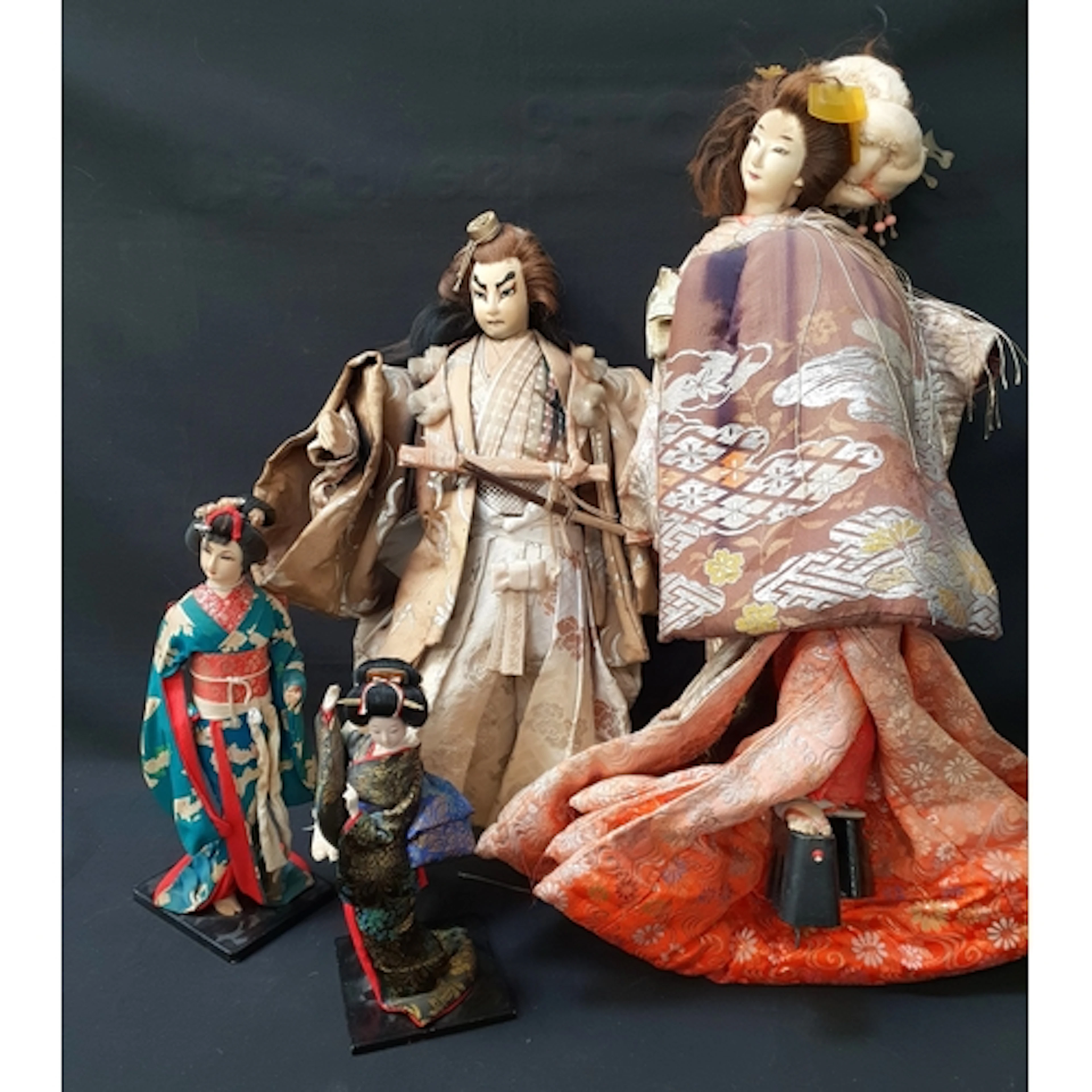 PAIR OF JAPANESE KABUKI NINGYO DISPLAY DOLLS dressed in laye...