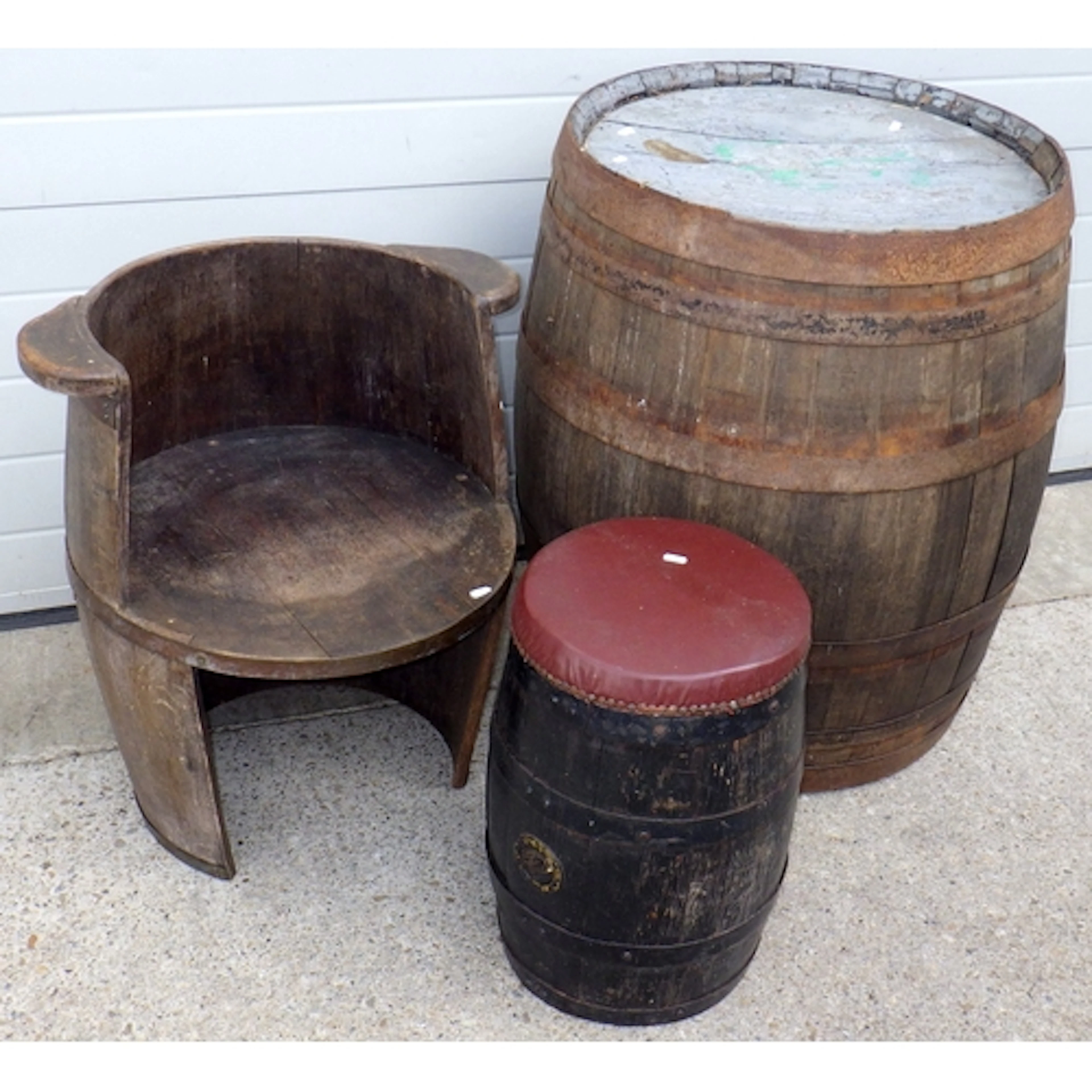 A coopered barrel 84cm tall, barrel seat and a barrel stool ...