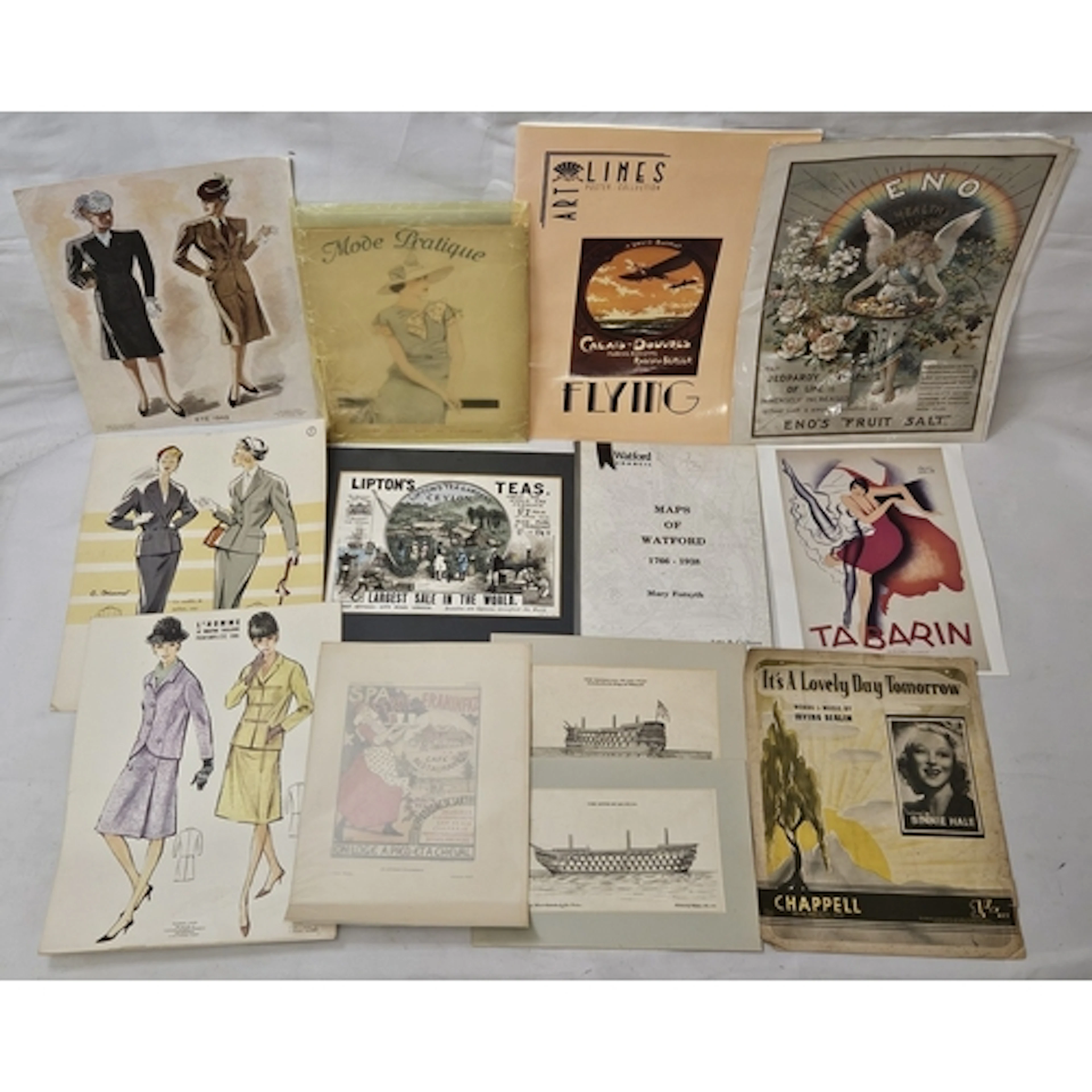 Prints incl. French Fashion prints, maps Watford, book of Fr...