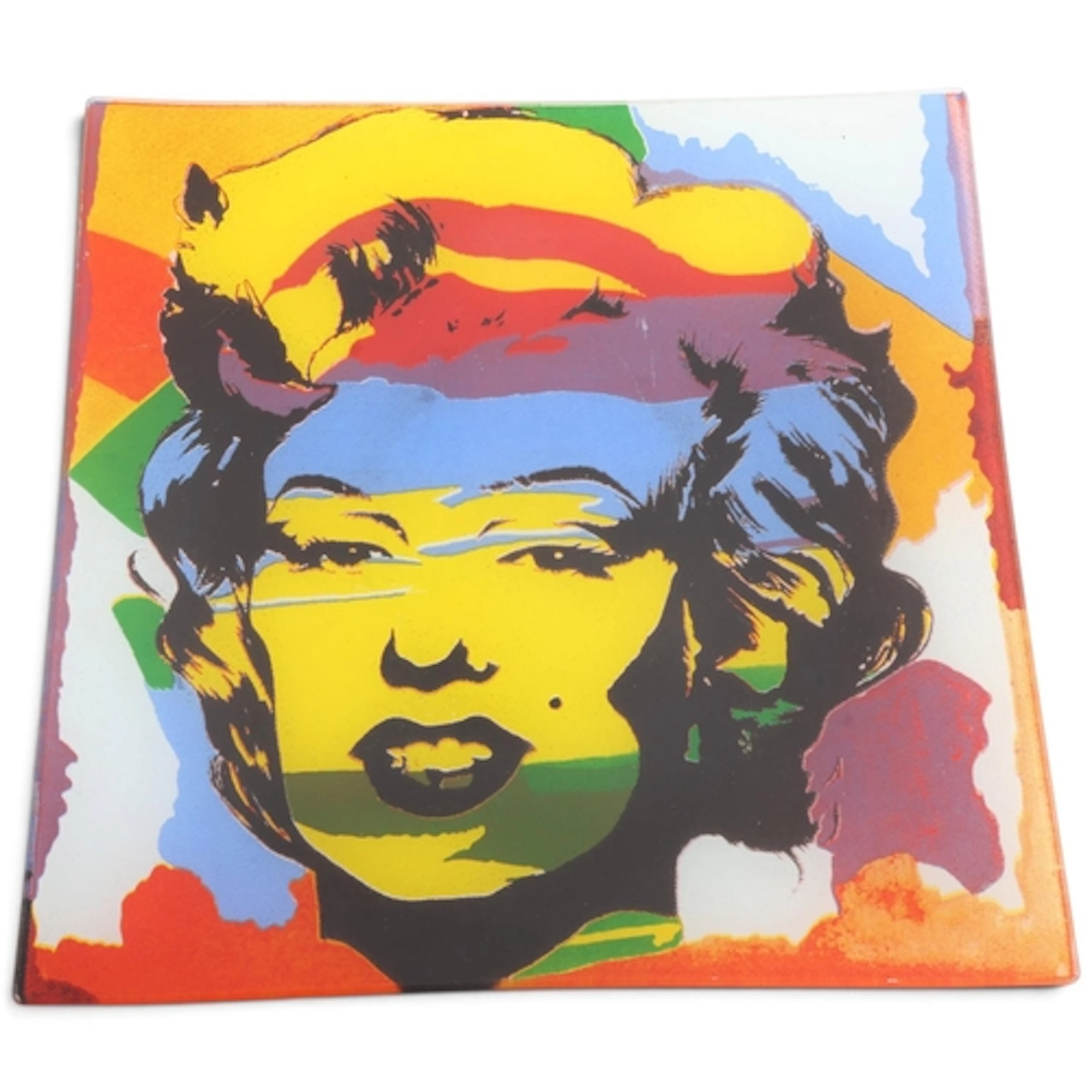 A square art glass plate with Marilyn Monroe print, 29.5cm s...