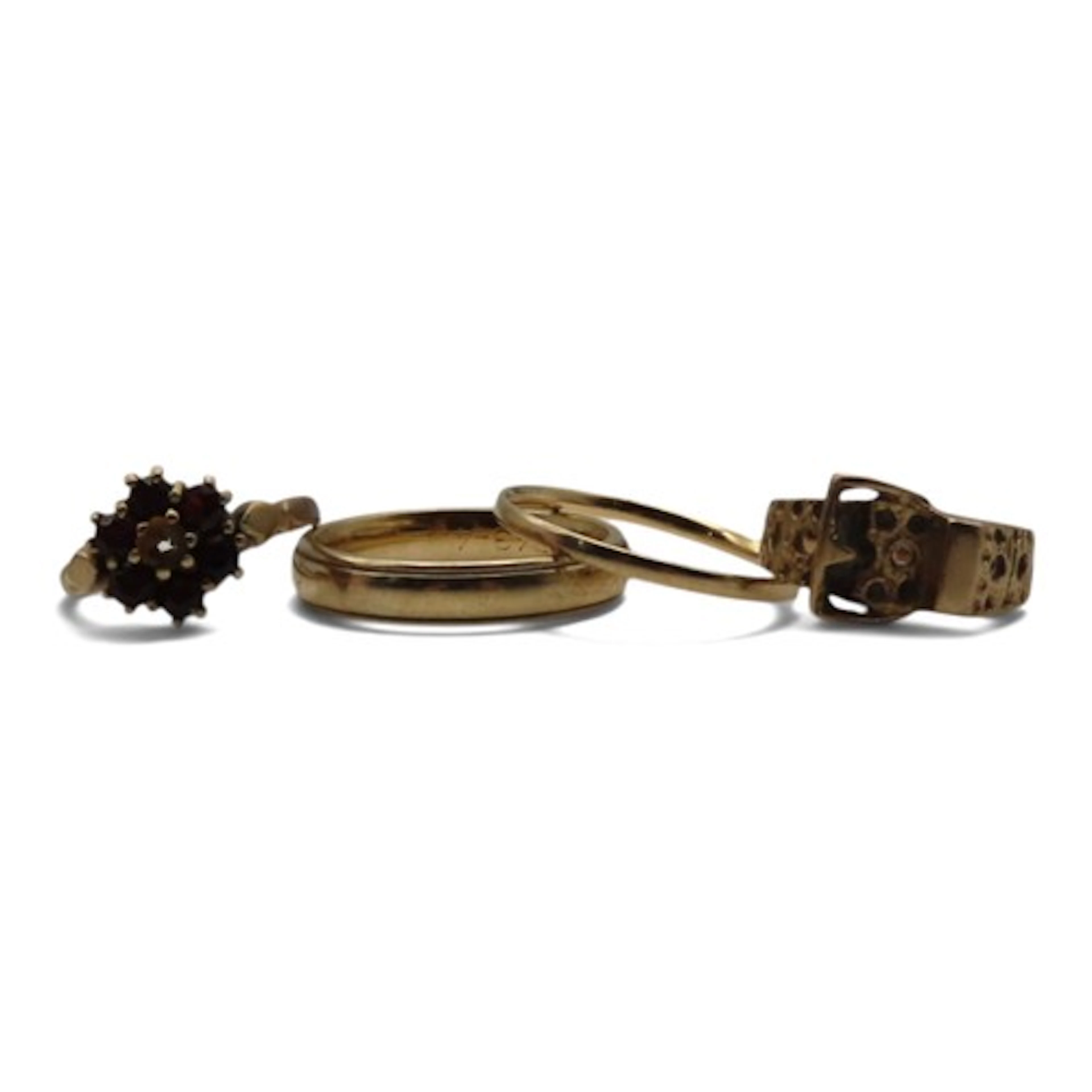 A 9ct gold belt buckle ring, size G 1/2, together with two 9...
