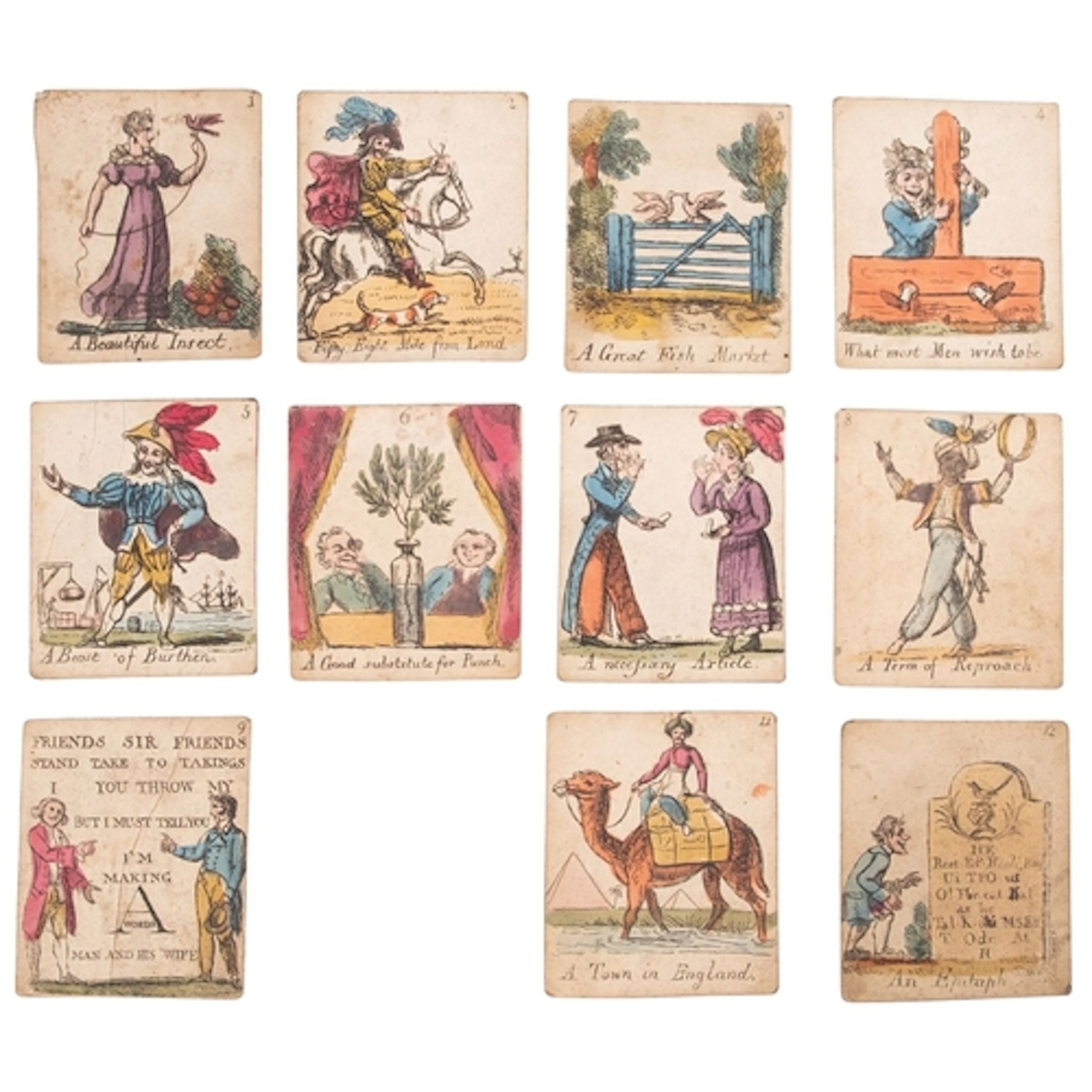 RIDDLE CARDS, Georgian or Regency. A set of 11 pictorial rid...