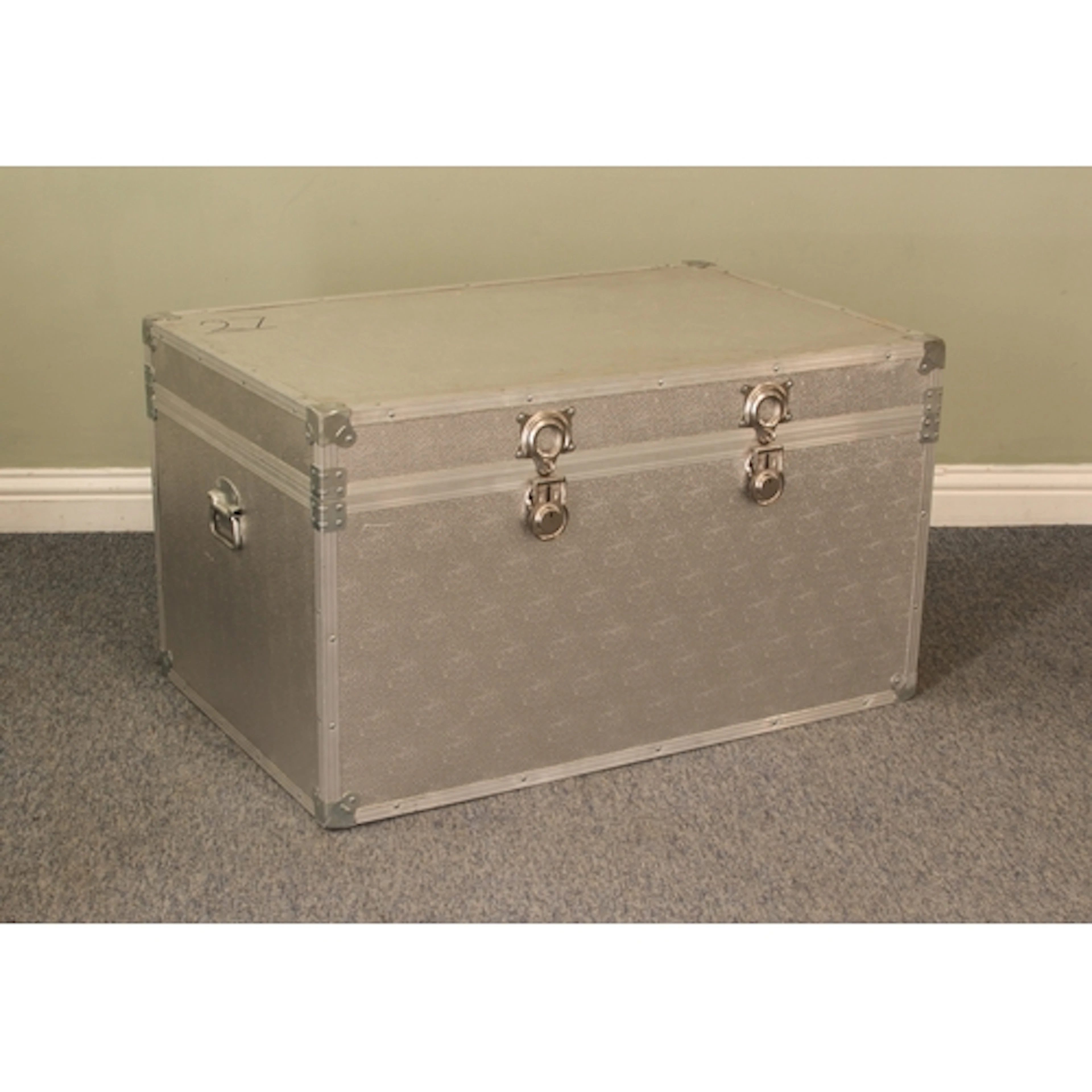 A large aluminium steamer or school trunk - with silver tone...