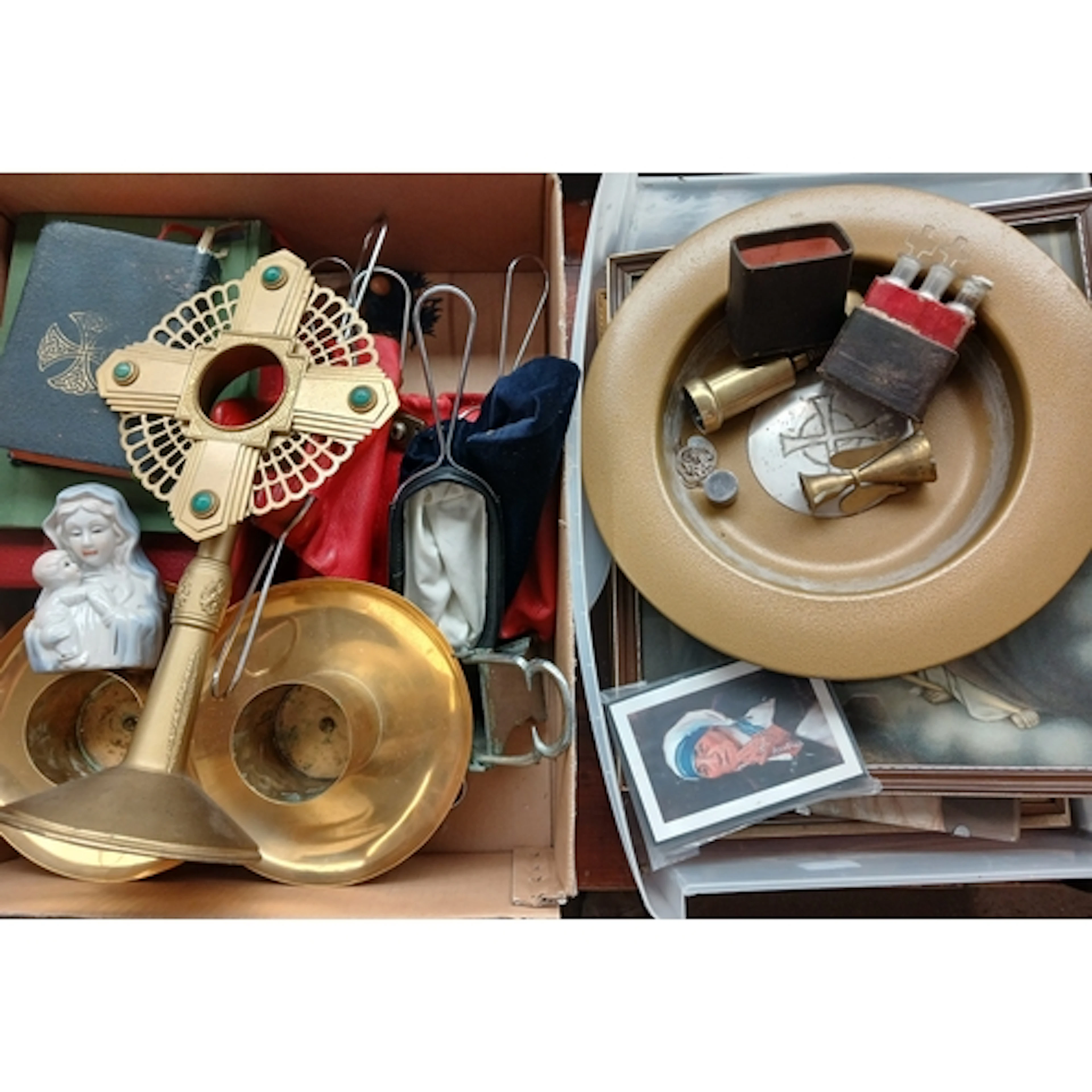 A collection of religious ephemera including pictures, brass...