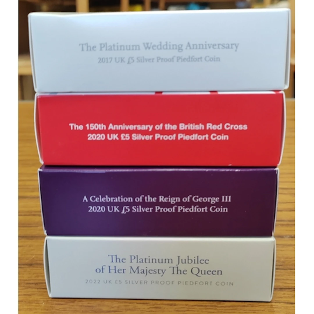 Range of boxed £5 silver piedfort proofs FDC, includes 2017 ...