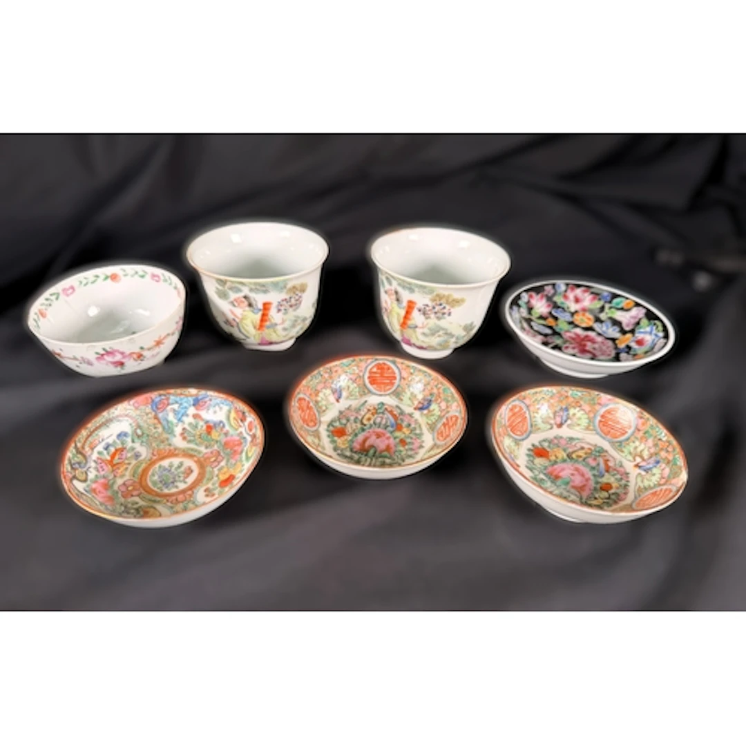 Seven various Chinese tea bowls, 2 with red seal marks