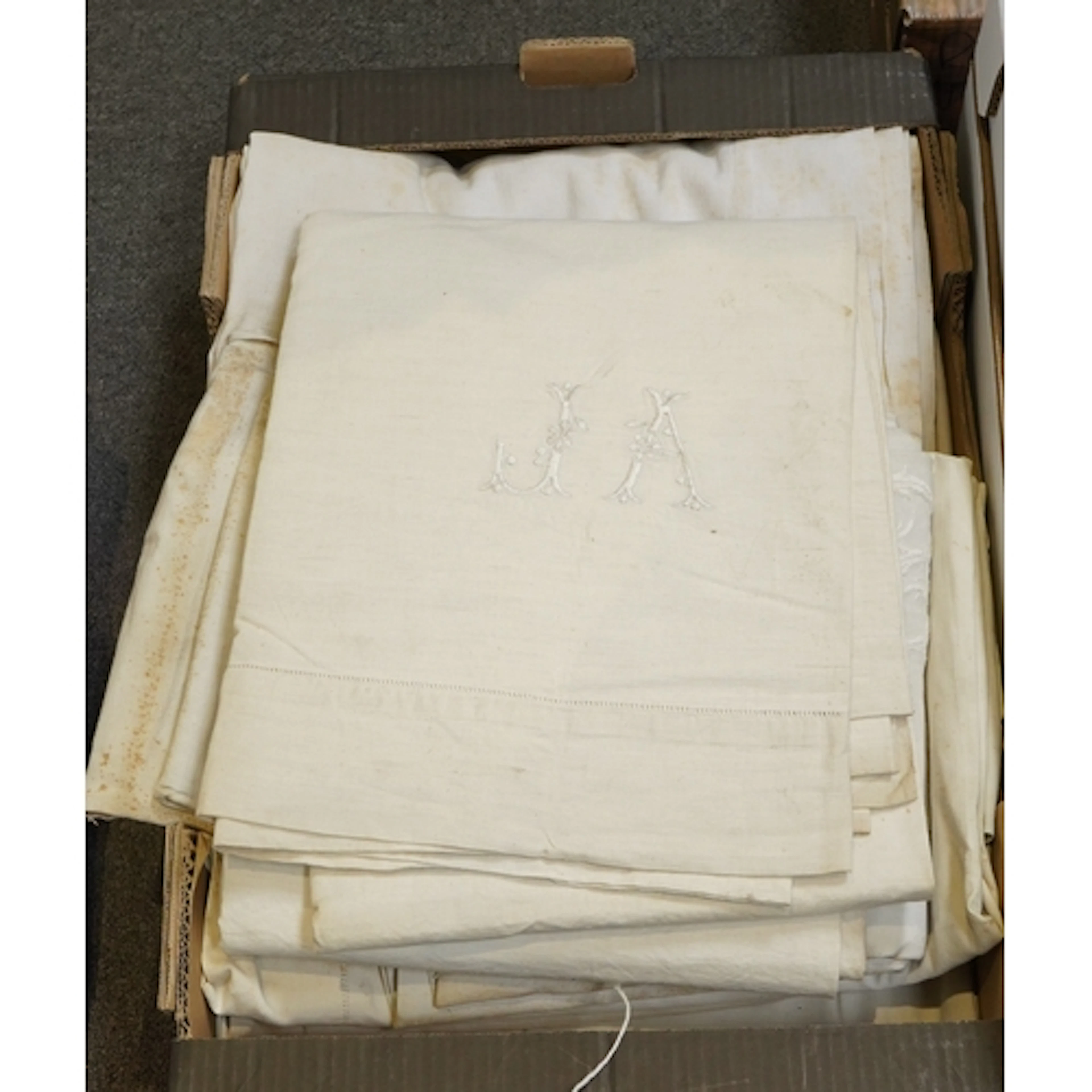 Six monogrammed French provincial sheets